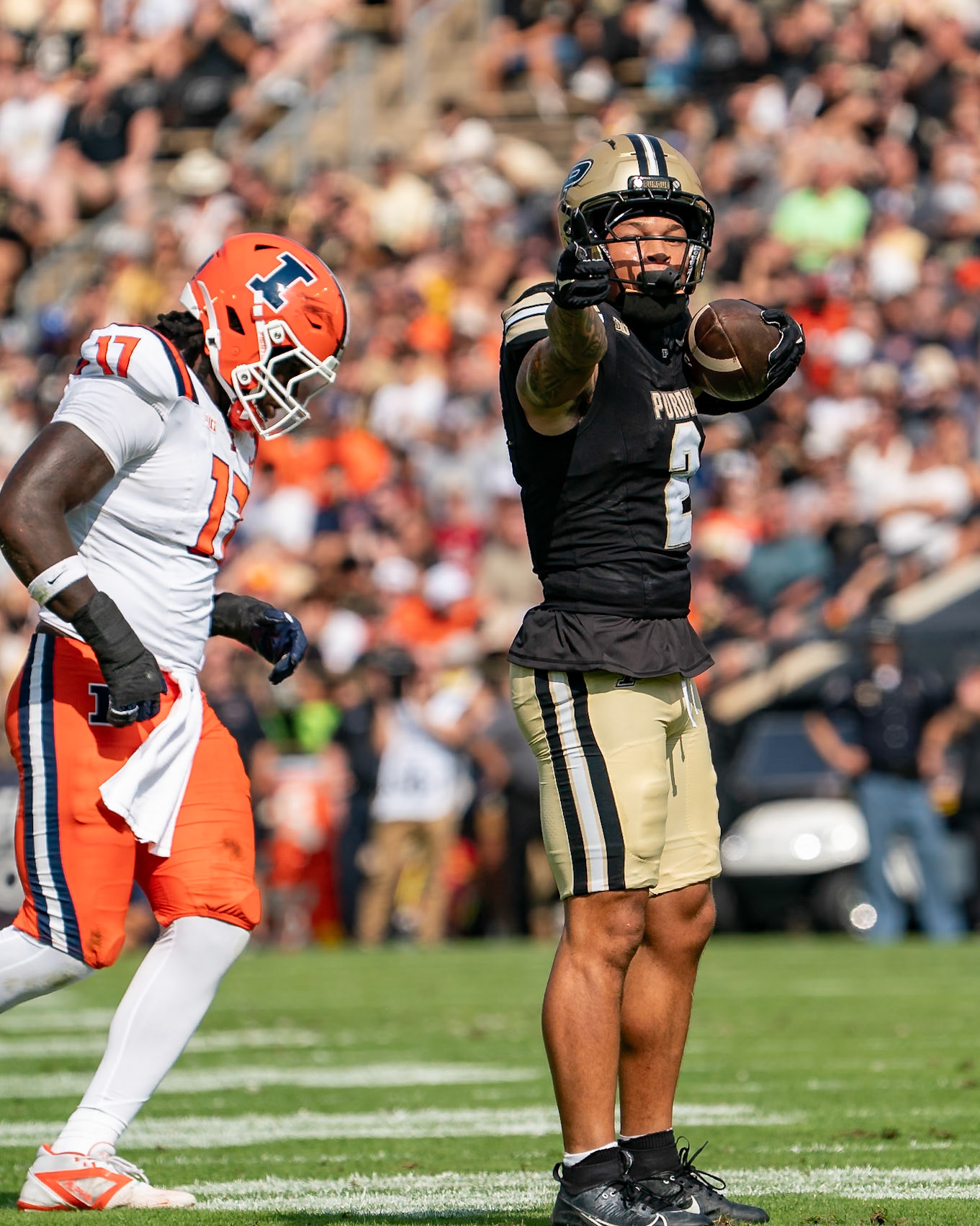 WEST LAFAYETTE, IN - OCTOBER 4, 2025: Purdue University Senior Wide Receiver Michael Jackson III (2) after a first down catch during the Purdue Boilermaker Football vs University of Illinois Fighting Illini at Ross-Ade Stadium(Photo by Steve Bowen / Northern Indiana Sports Report)