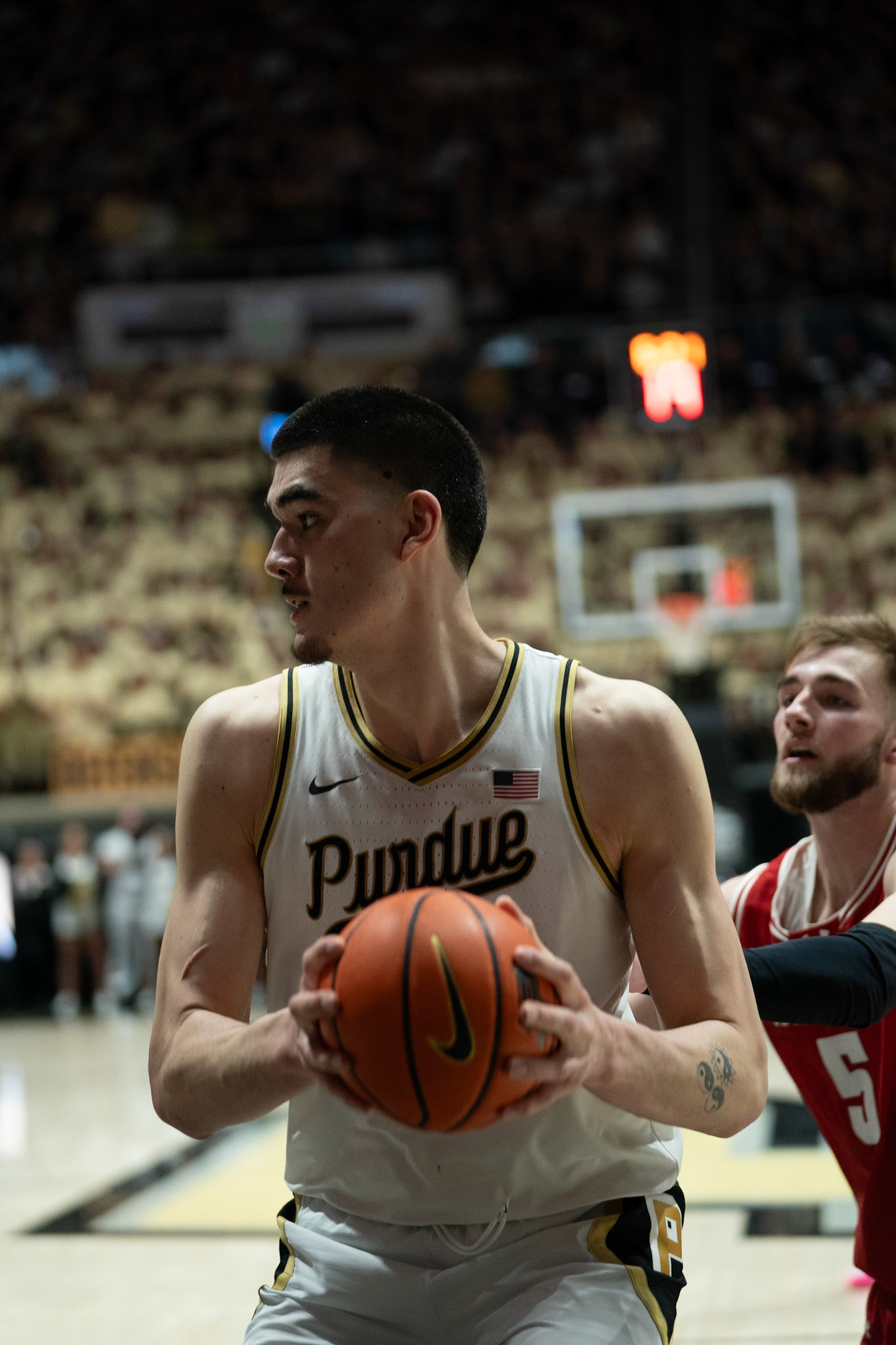 WEST LAFAYETTE, IN - MARCH 10, 2024: Purdue Senior Center Zach Edey (15) in Purdue University Boilermaker Basketball vs University of Wisconsin Badgers at Mackey Arena(Photo by Steve Bowen / Bowen Arrow Photography / Northern Indiana Sports Report)