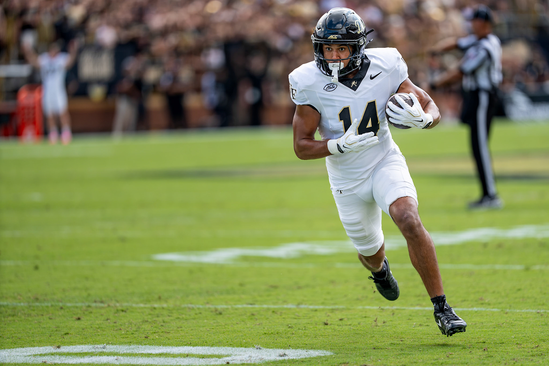 WEST LAFAYETTE, IN - SEPTEMBER 12, 2026: Purdue University Sophomore Quarterback Corin Berry (14)running towards the end zone after a catch during the Purdue Boilermaker Football vs the Wake Forest Demon Deacons at Ross-Ade Stadium(Photo by Steve Bowen / Northern Indiana Sports Report)