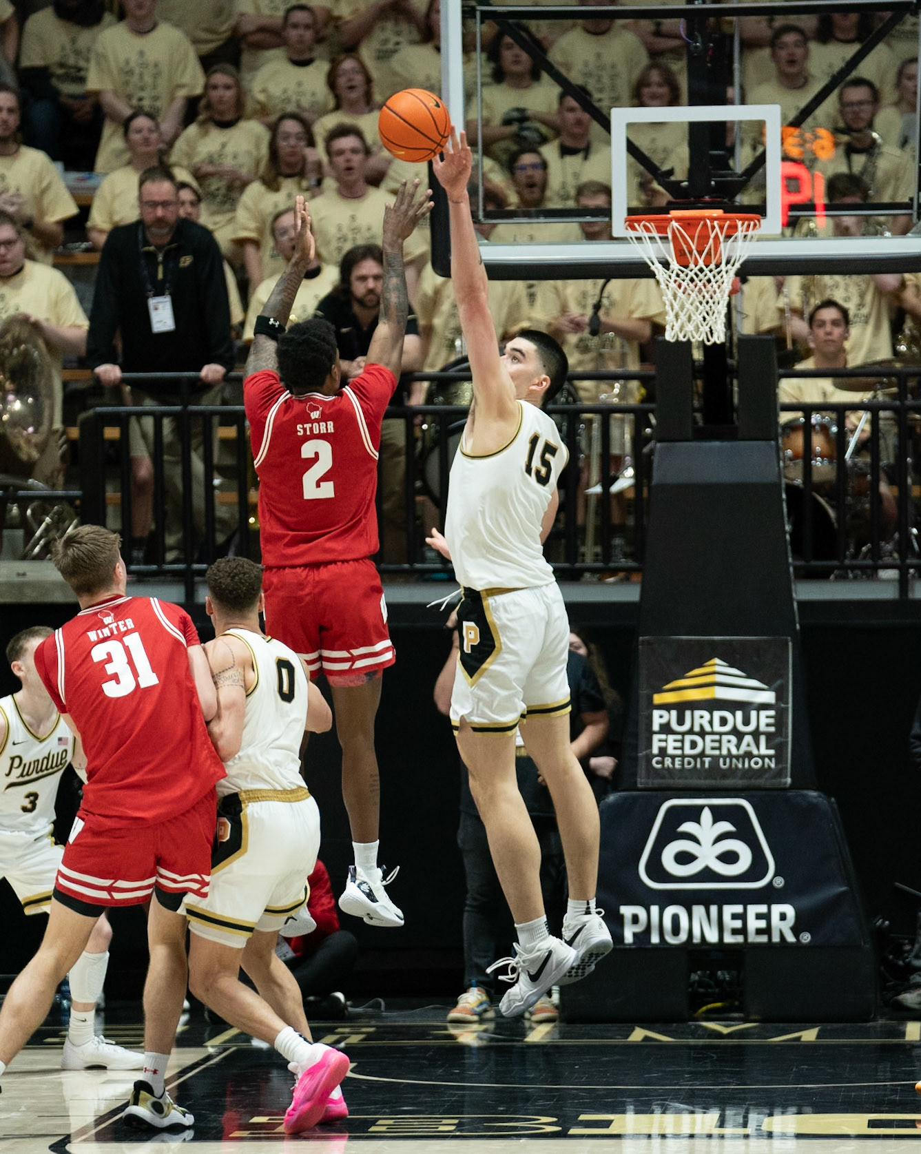 WEST LAFAYETTE, IN - MARCH 10, 2024: Wisconsin Sophomore Guard AJ Storr (2), Purdue Senior Center Zach Edey (15) in Purdue University Boilermaker Basketball vs University of Wisconsin Badgers at Mackey Arena(Photo by Steve Bowen / Bowen Arrow Photography / Northern Indiana Sports Report)