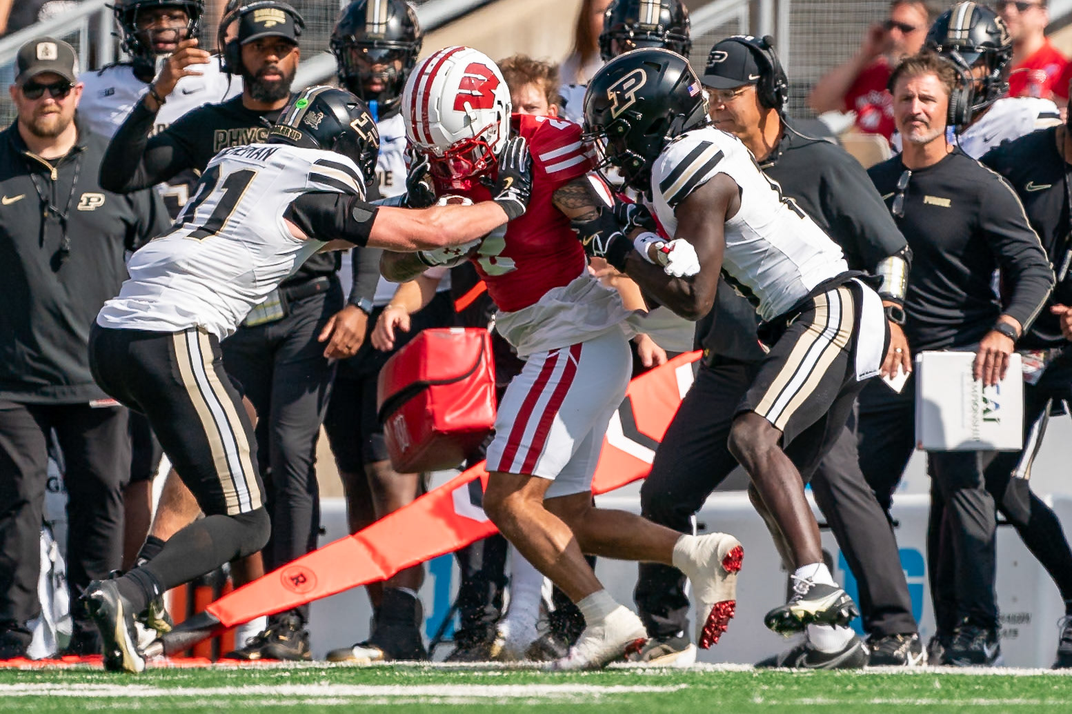 MADISON, WI - OCTOBER 5, 2024: University of Wisconsin Redshirt Freshman WR Trech Kekahuna (2) being pushed oput of bounds by Purdue University Junior Defensive Back Botros Alisandro (19) and Purdue University Sophomore Defensive Back Dillon Thieneman (31) during the Purdue University Boilermakers at University of Wisconsin Badger Football game at Camp Randall Stadium(Photo by Steve Bowen / NISports Report)