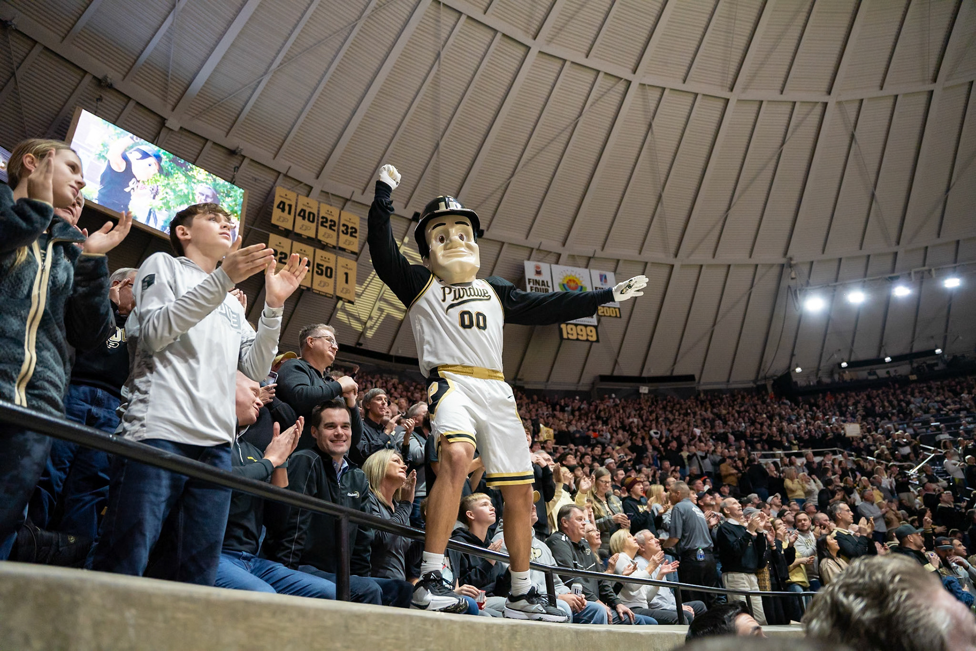 WEST LAFAYETTE, IN - JANUARY 5, 2024: Purdue Mascot Purdue Pete pumping up the crowd in Purdue Boilermaker's Basketball vs the Illinois Fighting Illini at Mackey Arena(Photo by Steve Bowen / Bowen Arrow Photography / Northern Indiana Sports Report)