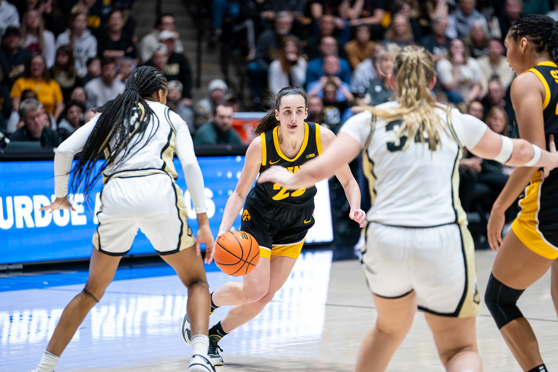 WEST LAFAYETTE, IN - JANUARY 10, 2024: Iowa Guard Senior Caitlin Clark (22) competing in Purdue Boilermaker Women's Basketball vs the Iowa Hawkeyes at Mackey Arena(Photo by Steve Bowen / Bowen Arrow Photography / Northern Indiana Sports Report)