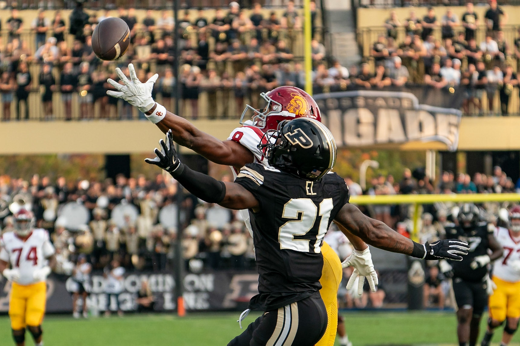 WEST LAFAYETTE, IN - SEPTEMBER 13, 2025: USC Junior WR Ja'Kobi Lane (8), Purdue University Senior Defensive Back Tahj Ra-El (21) in Purdue Boilermaker Football vs University of Southern California Trojans at Ross-Ade Stadium(Photo by Steve Bowen / Northern Indiana Sports Report)