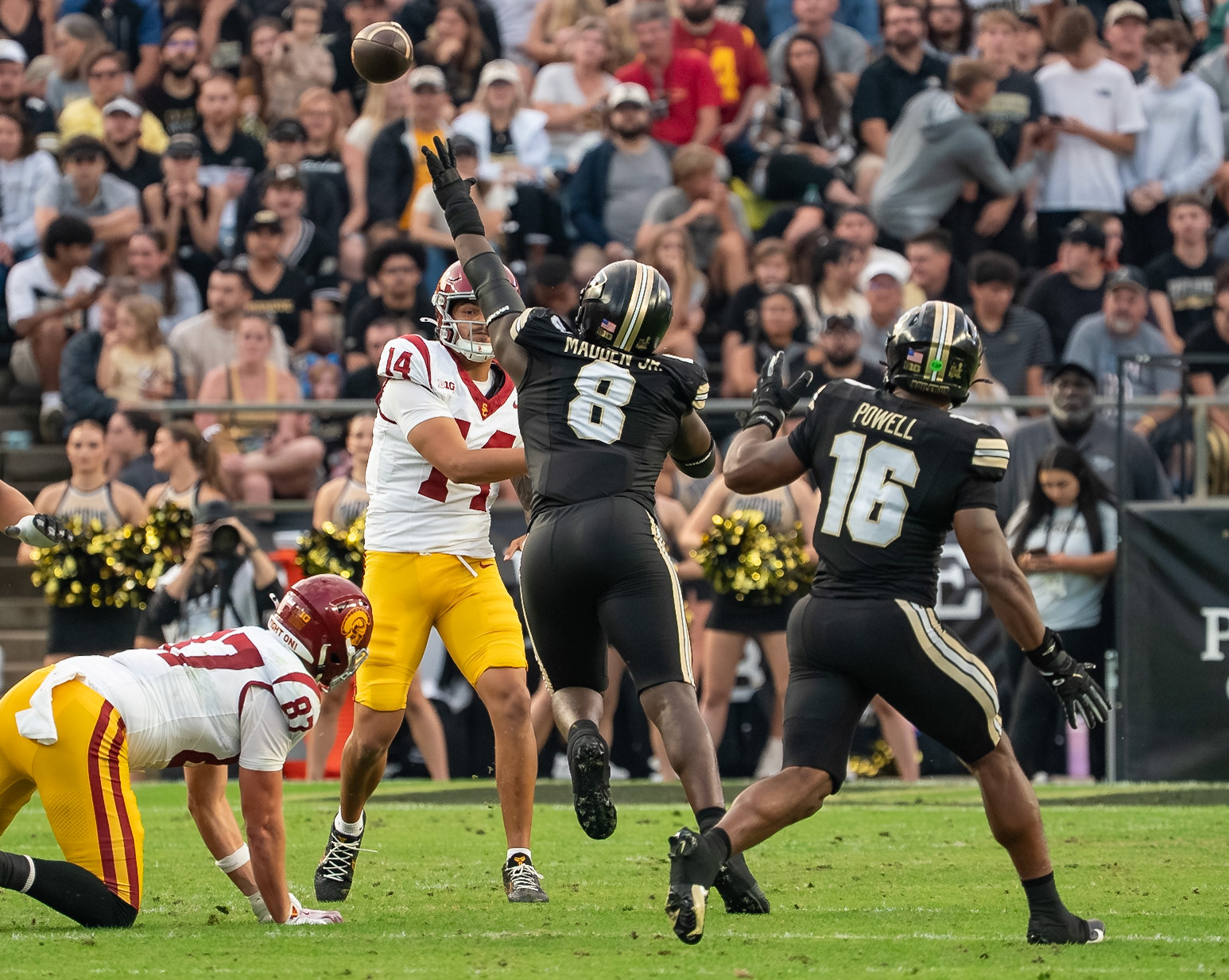WEST LAFAYETTE, IN - SEPTEMBER 13, 2025: USC Redshirt Junior QB Jayden Maiava (14), Purdue University Junior Defensive End CJ Madden (8), Purdue University Senior Linebacker Mani Powell (16) in Purdue Boilermaker Football vs University of Southern California Trojans at Ross-Ade Stadium(Photo by Steve Bowen / Northern Indiana Sports Report)