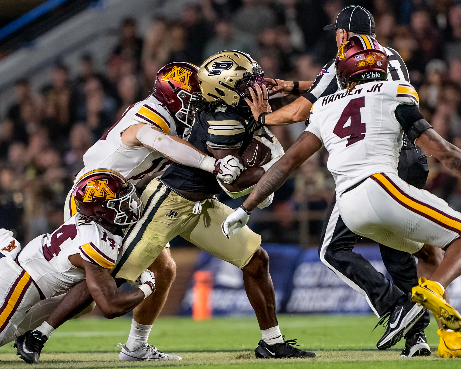 WEST LAFAYETTE, IN - OCTOBER 10, 2026: Purdue University Sophomore Running Back Fame Ijeboi (2), University of Minnesota 5th Year LB Joey Gerlach (19), University of Minnesota Senior DB Kerry Brown (14) during the Purdue Boilermakers vs Minnesota Golden Gophers football game at Ross-Ade Stadium(Photo by Steve Bowen / Northern Indiana Sports Report)