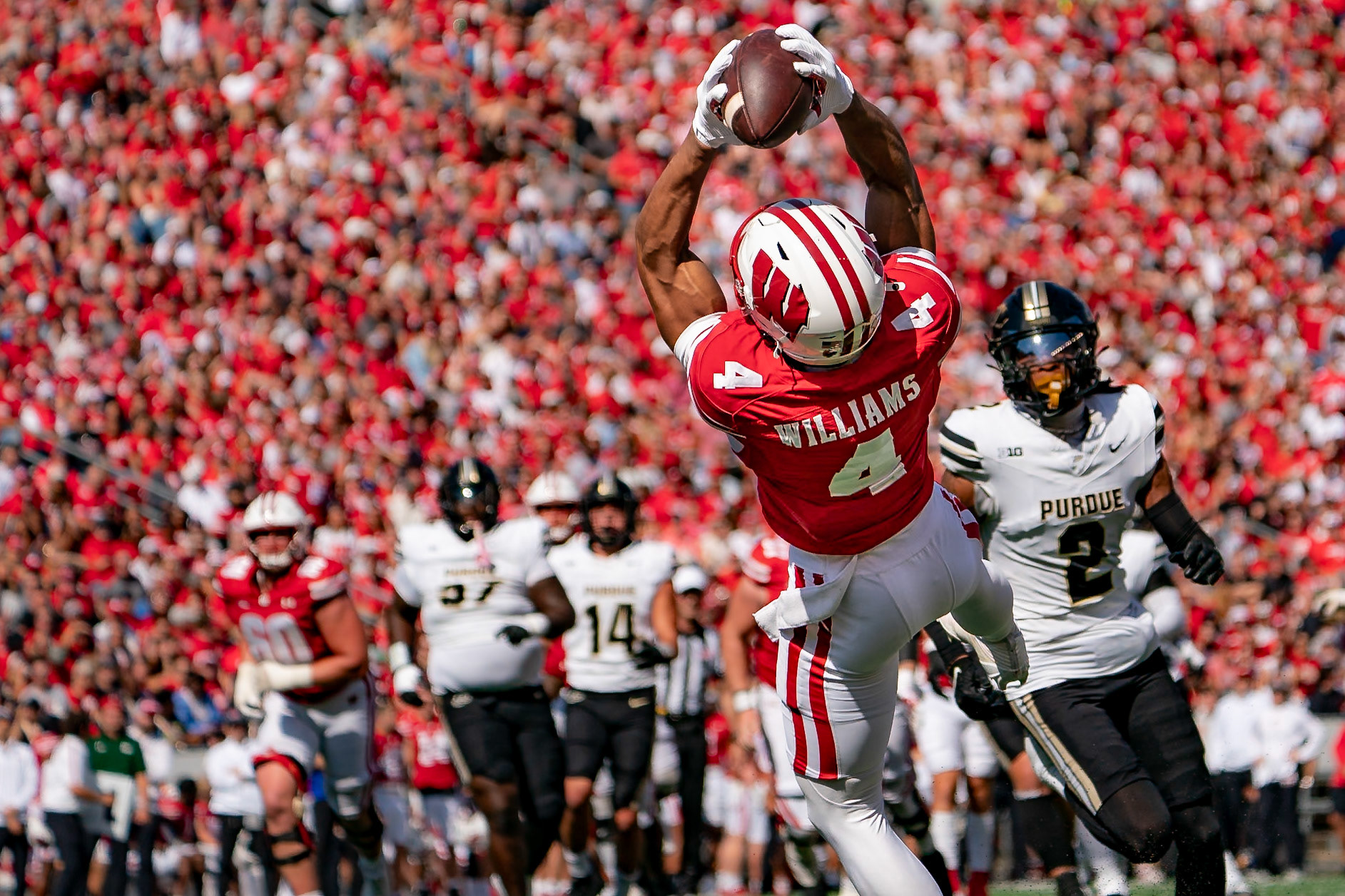 MADISON, WI - OCTOBER 5, 2024: University of Wisconsin Junior WR C.J. Williams (4) catching a long ball near the end zone during the Purdue University Boilermakers at University of Wisconsin Badger Football game at Camp Randall Stadium(Photo by Steve Bowen / NISports Report)