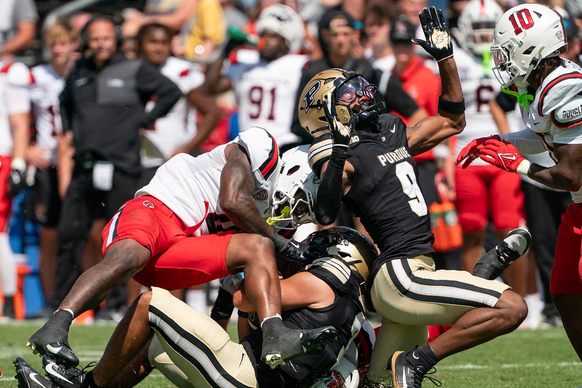 WEST LAFAYETTE, IN - AUGUST 30, 2025: Purdue University Sophomore Quaterback Malachi Singleton (3) falls into Purdue University Freshman Wide Receiver Jalil Hall (9) as he is being tackled by Ball State University R-Sr. LB Jackson Wiegold (18). Ball State University R-So. DB Avery Stuart (8). Hall sufferred a broken leg on this play at Purdue Boilermaker Football vs Ball State Football at Ross-Ade Stadium(Photo by Steve Bowen / Northern Indiana Sports Report)
