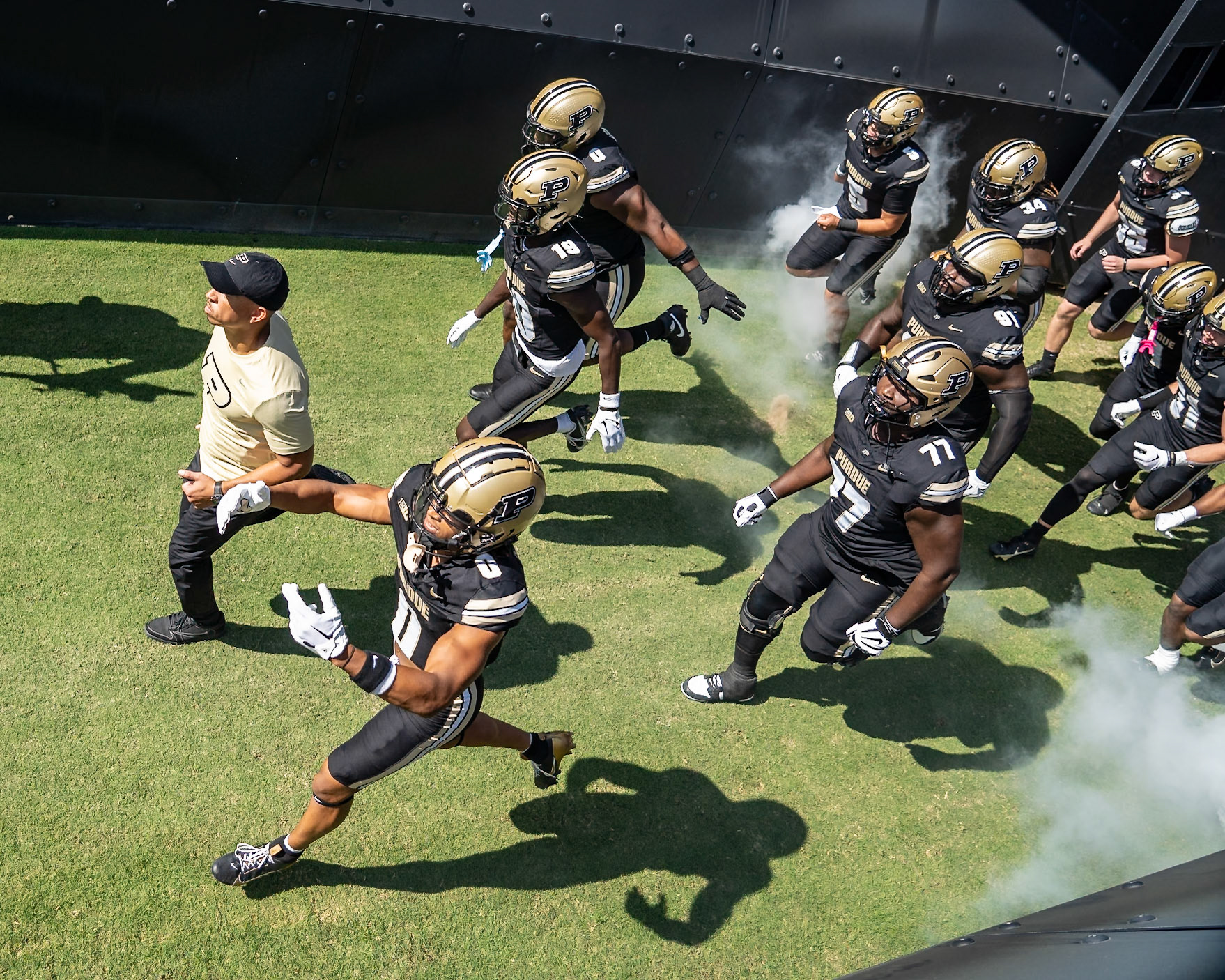 WEST LAFAYETTE, IN - SEPTEMBER 14, 2024: Purdue Football Head Coach Ryan Walters, Purdue Sr. Wide Receiver Jayden Dixon-Veal (0), Purdue Fr. Defensive Lineman Demeco Kennedy (18), Purdue Jr. Offensive Lineman Mahamane Moussa (77), Purdue Sr. Defensive Lineman Cole Brevard (91), Purdue So. Rush End CJ Madden (8) during the Purdue University Boilermakers vs Notre Dame Fighting Irish Football game at Ross-Ade Stadium(Photo by Steve Bowen / Bowen Arrow Photography / Northern Indiana Sports Report)