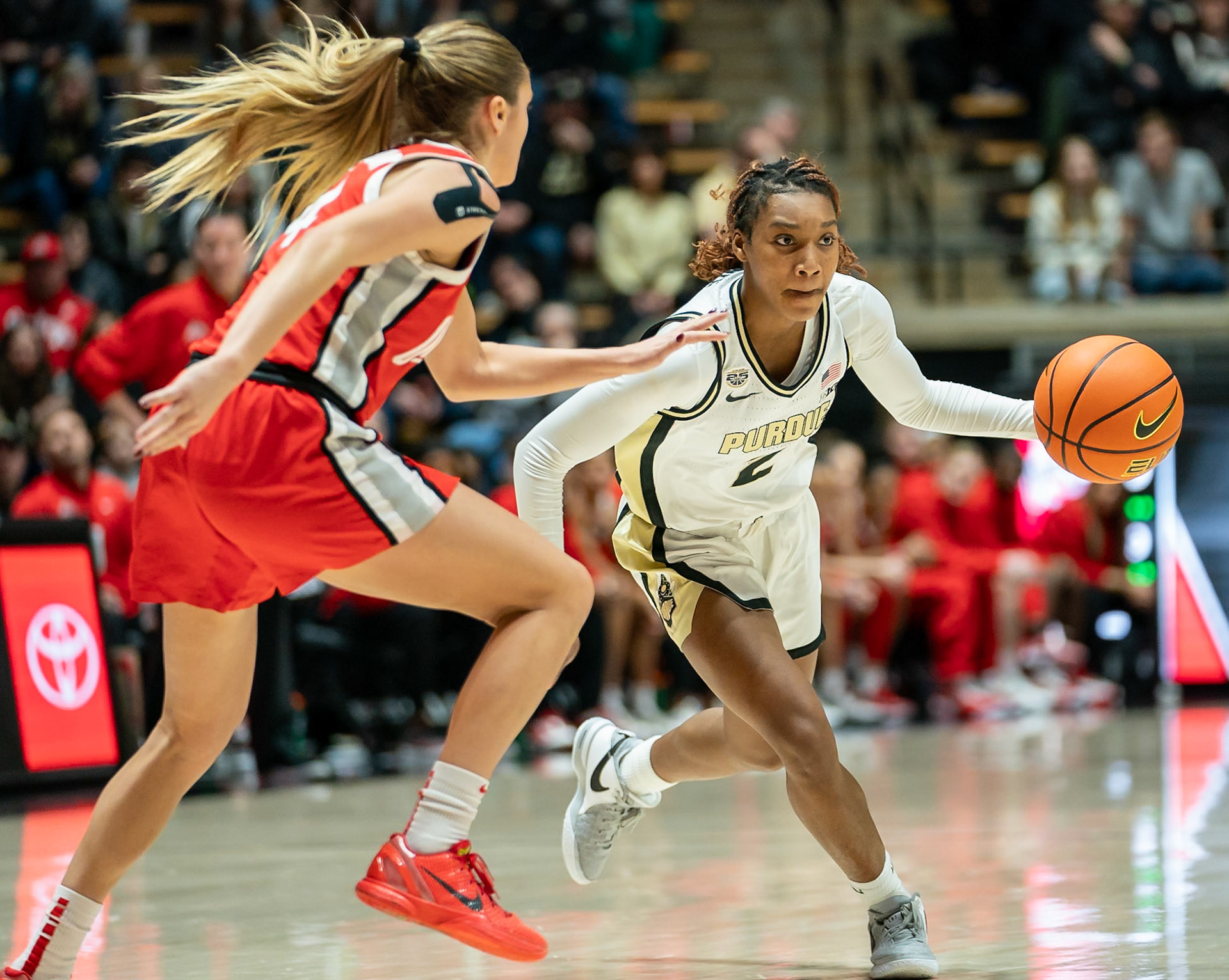WEST LAFAYETTE, IN - JANUARY 28, 2024: Purdue Freshman Guard Rashunda Jones (2), Ohio State Guard Graduate Jacy Sheldon (4) competing in Purdue Boilermaker Women's Basketball versus the Ohio State Buckeyes at Mackey Arena(Photo by Steve Bowen / Bowen Arrow Photography / Northern Indiana Sports Report)