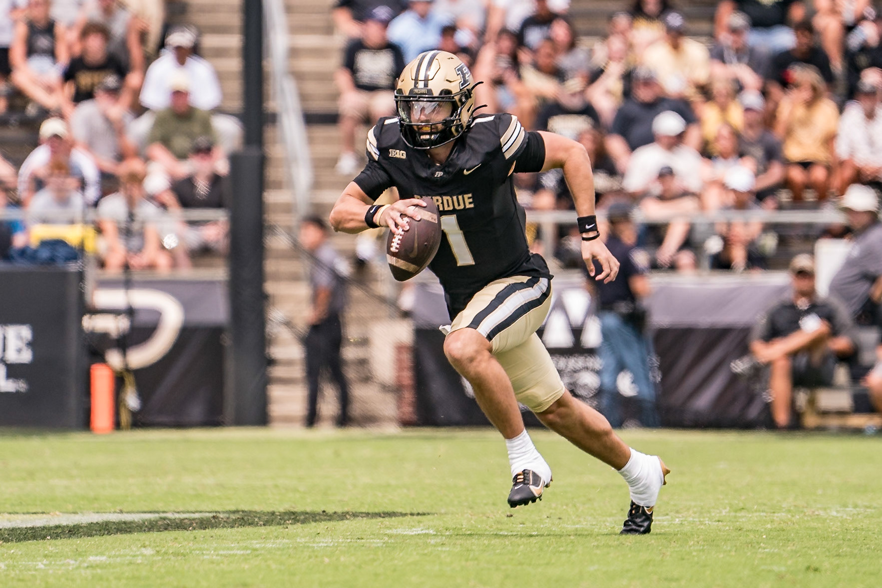 WEST LAFAYETTE, IN - AUGUST 31, 2024: Purdue Sr. QB Hudson Card (1) in Purdue Boilermaker Football vs Indiana State Sycamores at Ross-Ade Stadium(Photo by Steve Bowen / Bowen Arrow Photography / Northern Indiana Sports Report)