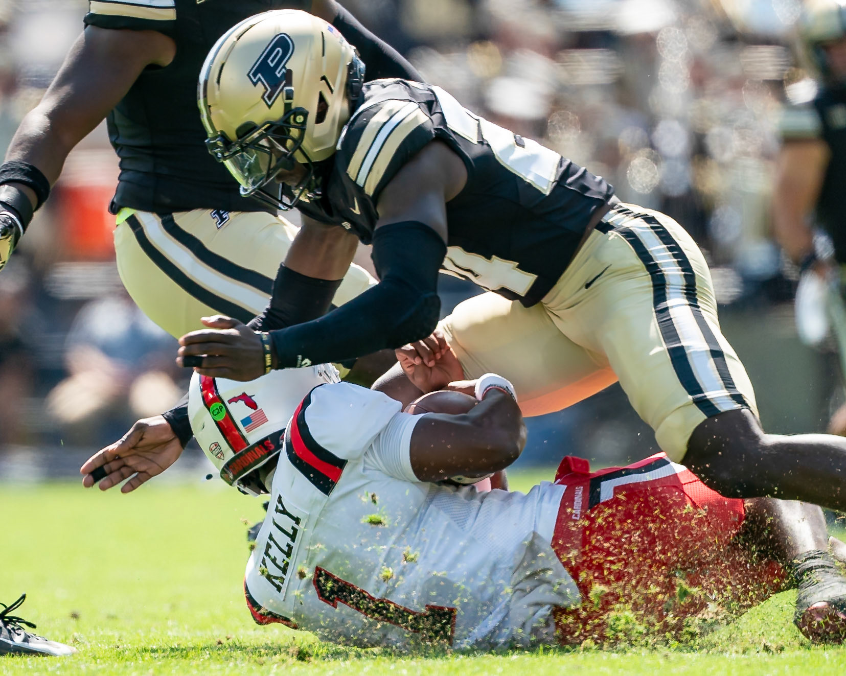 WEST LAFAYETTE, IN - AUGUST 30, 2025: Ball State University R-Sr. QB Kiael Kelly (1)slides to avoid the hit by Purdue University Senior Defensive Back An'Darius Coffey (24) at Purdue Boilermaker Football vs Ball State Football at Ross-Ade Stadium(Photo by Steve Bowen / Northern Indiana Sports Report)