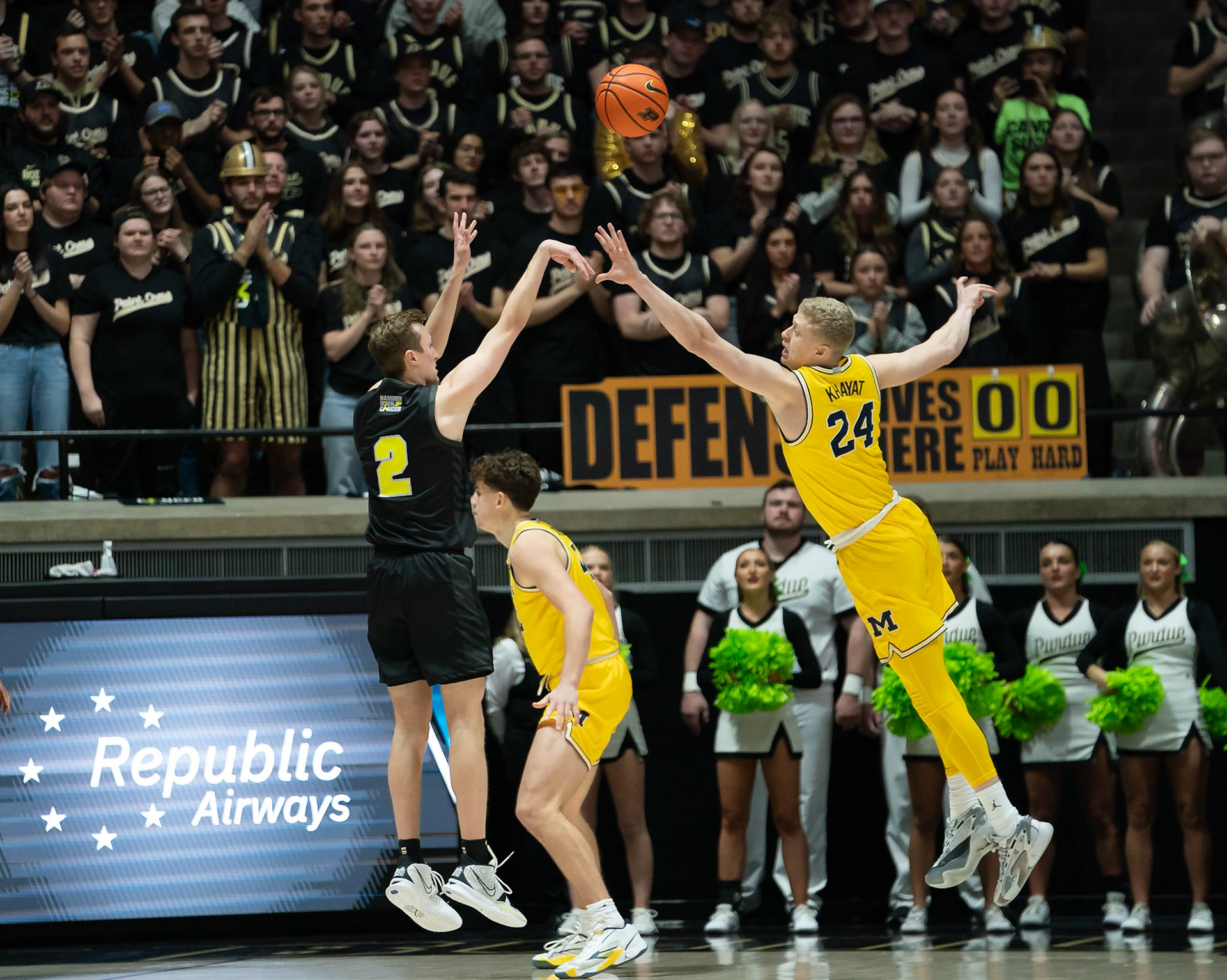 WEST LAFAYETTE, IN - JANUARY 23, 2024: Purdue Sophomore Guard Fletcher Loyer (2), Michigan Sophomore Forward Youssef Khayat (24) competing in Purdue versus Michigan Mens Basketball at Mackey Arena(Photo by Steve Bowen / Bowen Arrow Photography / Northern Indiana Sports Report)