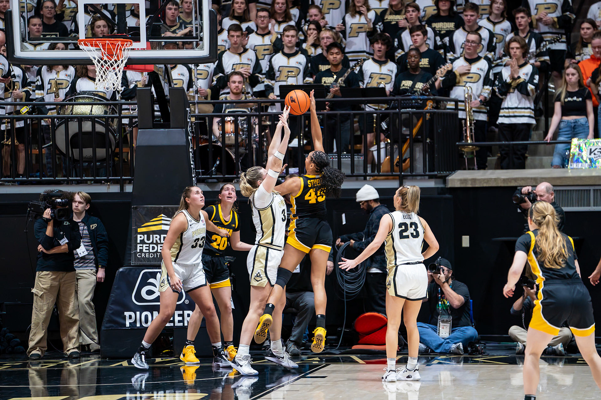 WEST LAFAYETTE, IN - JANUARY 10, 2024: Iowa Forward Sophomore Hannah Stuelke (45), Purdue 6th Year Forward Caitlyn Harper (34) competing in Purdue Boilermaker Women's Basketball vs the Iowa Hawkeyes at Mackey Arena(Photo by Steve Bowen / Bowen Arrow Photography / Northern Indiana Sports Report)