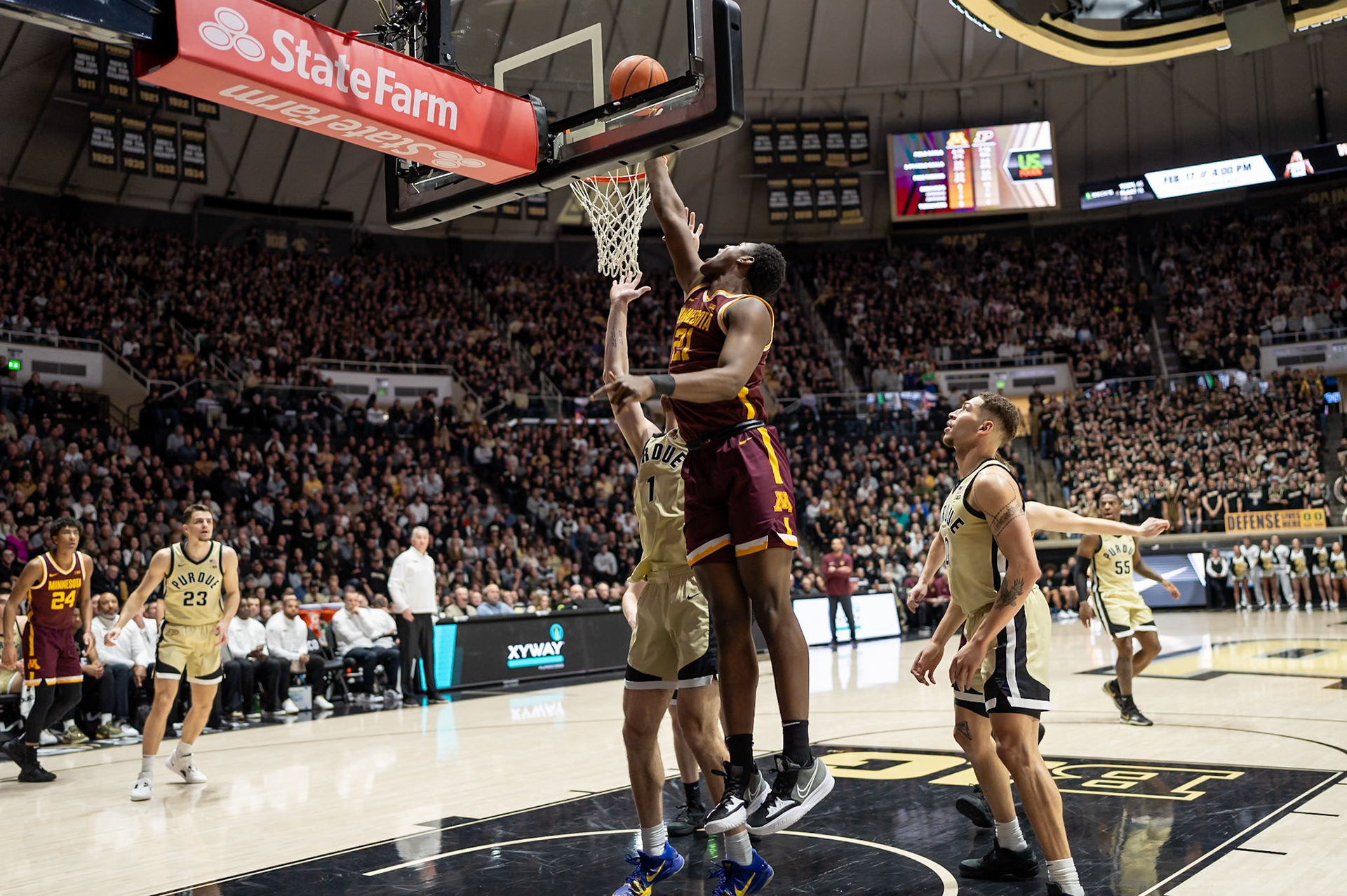 WEST LAFAYETTE, IN - FEBRUARY 15, 2024: Minnesota Sophomore Forward Pharrel Payne (21), Purdue Junior Forward Caleb Furst (1) in Purdue Boilermakers Men's Basketball vs the Minnesota Golden Gophers at Mackey Arena(Photo by Steve Bowen / Bowen Arrow Photography / Northern Indiana Sports Report)
