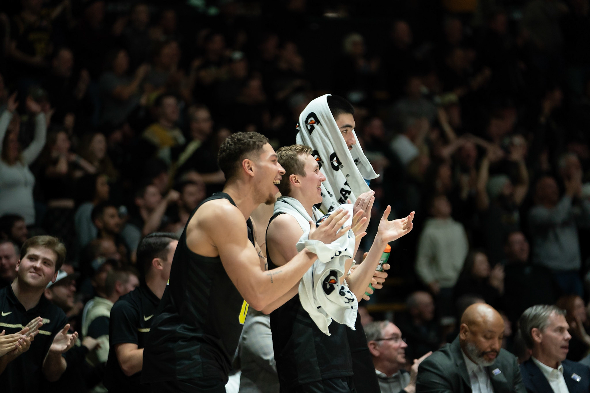 WEST LAFAYETTE, IN - JANUARY 23, 2024: Michigan Sophomore Guard Dug McDaniel (0), Purdue Sophomore Guard Fletcher Loyer (2), Purdue Senior Center Zach Edey (15) competing in Purdue versus Michigan Mens Basketball at Mackey Arena(Photo by Steve Bowen / Bowen Arrow Photography / Northern Indiana Sports Report)