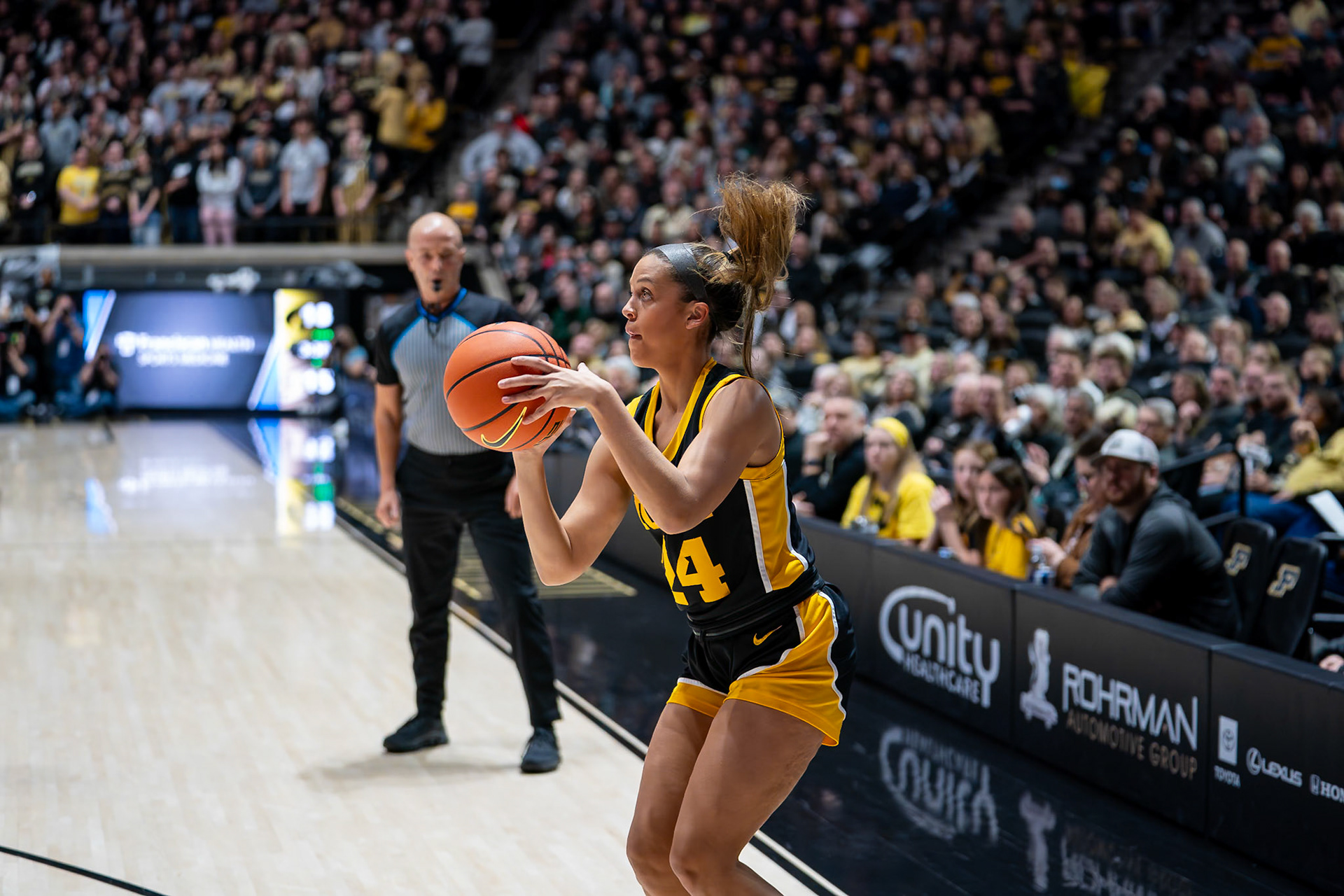 WEST LAFAYETTE, IN - JANUARY 10, 2024: Iowa Guard 5th Year Gabbie Marshall (24) competing in Purdue Boilermaker Women's Basketball vs the Iowa Hawkeyes at Mackey Arena(Photo by Steve Bowen / Bowen Arrow Photography / Northern Indiana Sports Report)