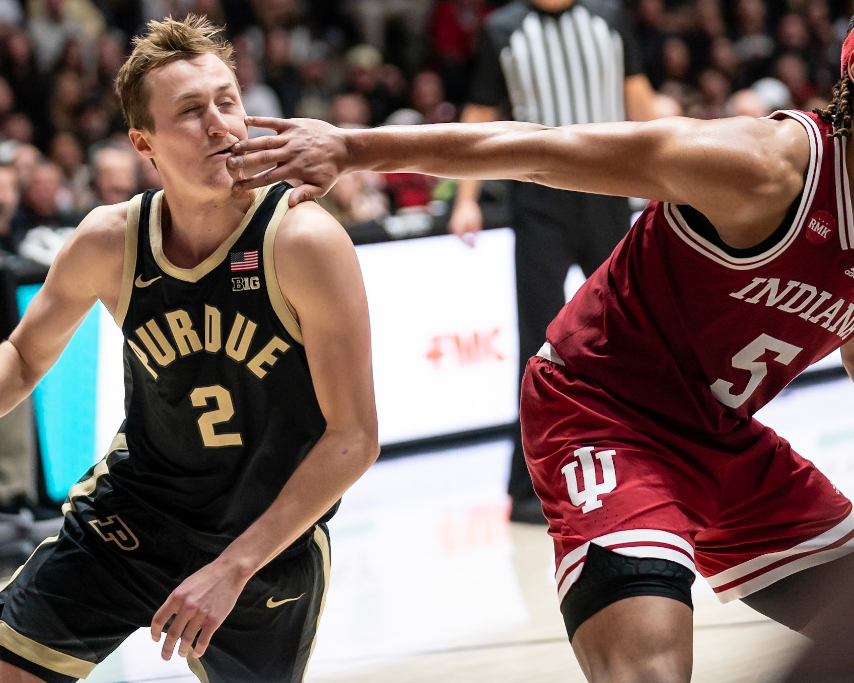 WEST LAFAYETTE, IN - FEBRUARY 10, 2024: Purdue Sophomore Guard Fletcher Loyer (2), Indiana Sophomore Forward Malik Reneau (5) in Purdue Boilermaker vs Indiana Hoosiers Basketball at Mackey Arena(Photo by Steve Bowen / Bowen Arrow Photography / Northern Indiana Sports Report)
