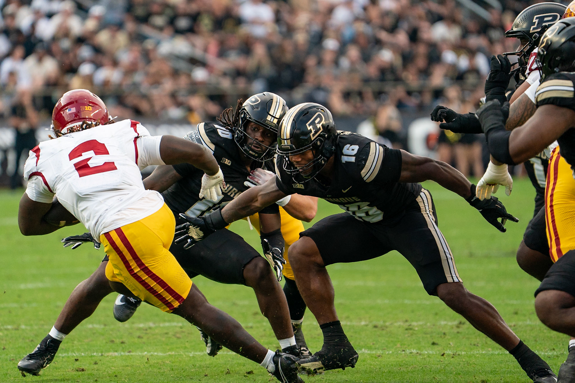 WEST LAFAYETTE, IN - SEPTEMBER 13, 2025: USC Junior RB Waymond Jordan (2), Purdue University Senior Linebacker Mani Powell (16) in Purdue Boilermaker Football vs University of Southern California Trojans at Ross-Ade Stadium(Photo by Steve Bowen / Northern Indiana Sports Report)