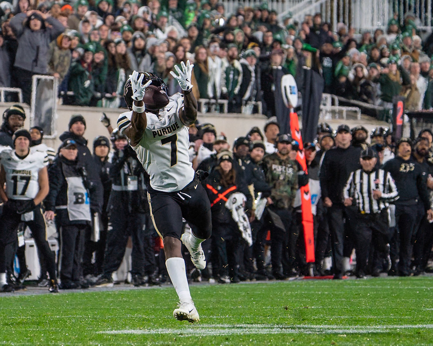 EAST LANSING, MI - NOVEMBER 22, 2024: Purdue University Junior Wide Receiver Jahmal Edrine (7) in Purdue University Boilermakers at Michigan State University Spartans Football game at Spartan Stadium(Photo by Steve Bowen / Bowen Arrow Photography / Northern Indiana Sports Report)