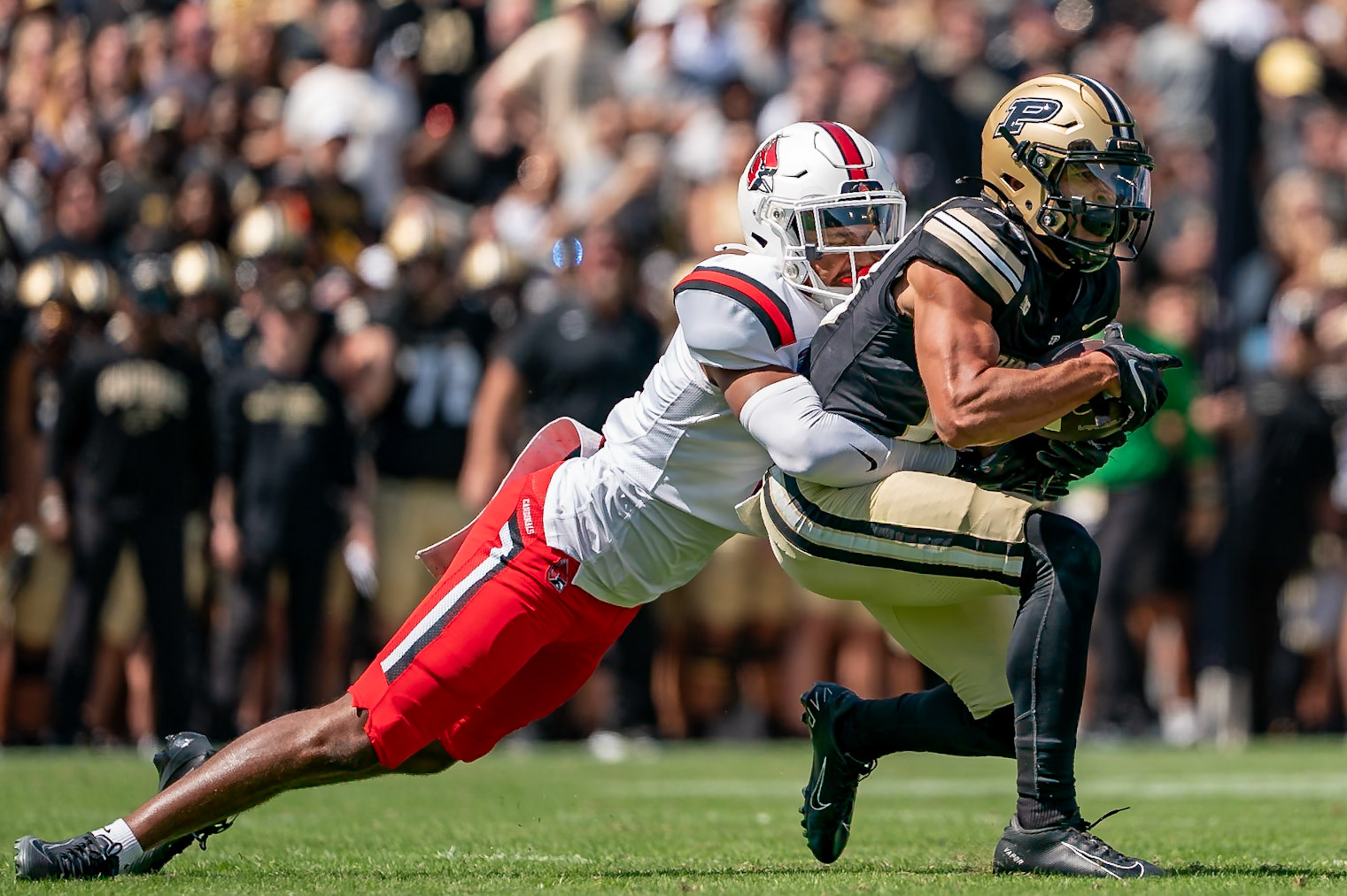 WEST LAFAYETTE, IN - AUGUST 30, 2025: Purdue University Senior Wide Receiver EJ Horton Jr. (13) catches the pass as Ball State University R-Jr. DB Roman Pearson (5) tavckles him at Purdue Boilermaker Football vs Ball State Football at Ross-Ade Stadium(Photo by Steve Bowen / Northern Indiana Sports Report)