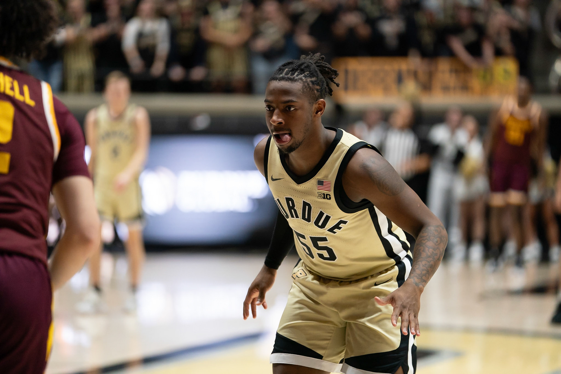 WEST LAFAYETTE, IN - FEBRUARY 15, 2024: Purdue 5th year Guard Lance Jones (55) in Purdue Boilermakers Men's Basketball vs the Minnesota Golden Gophers at Mackey Arena(Photo by Steve Bowen / Bowen Arrow Photography / Northern Indiana Sports Report)