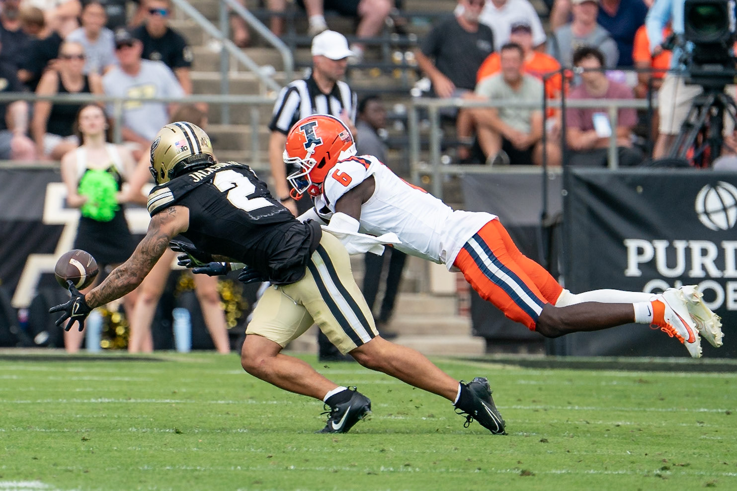 WEST LAFAYETTE, IN - OCTOBER 4, 2025: Purdue University Senior Wide Receiver Michael Jackson III (2) tries to catch a pass while being defended by University of Illinois Junior DB Jaheim Clarke (6) in Purdue Boilermaker Football vs University of Illinois Fighting Illini at Ross-Ade Stadium(Photo by Steve Bowen / Northern Indiana Sports Report)