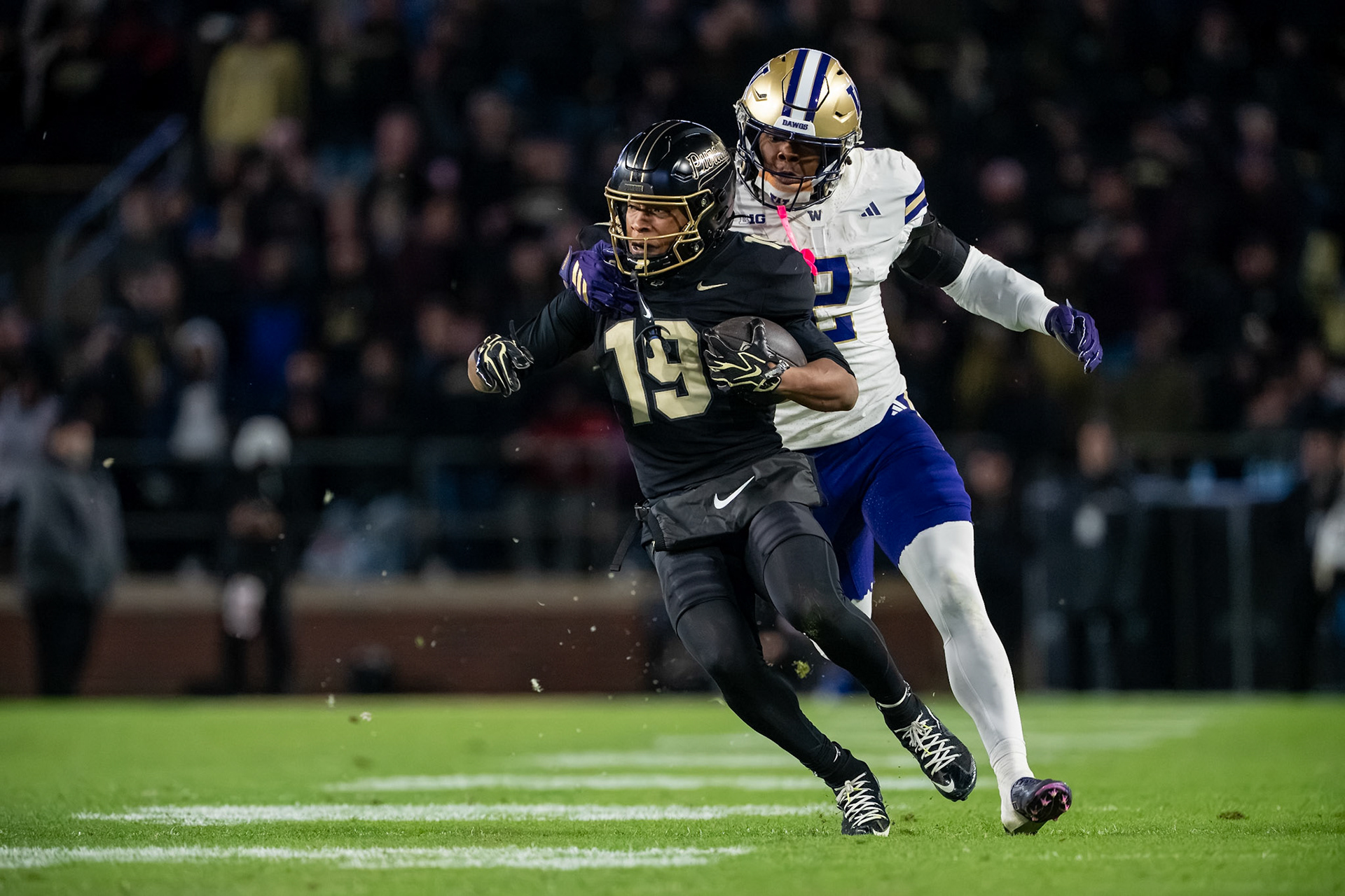 WEST LAFAYETTE, IN - OCTOBER 16, 2026: Purdue University Sophomore Wide Receiver Asaad Waseem (19), University of Washington CB Rahshawn Clark (2) during the Purdue Boilermakers vs Washington Huskies football game at Ross-Ade Stadium(Photo by Steve Bowen / Northern Indiana Sports Report)