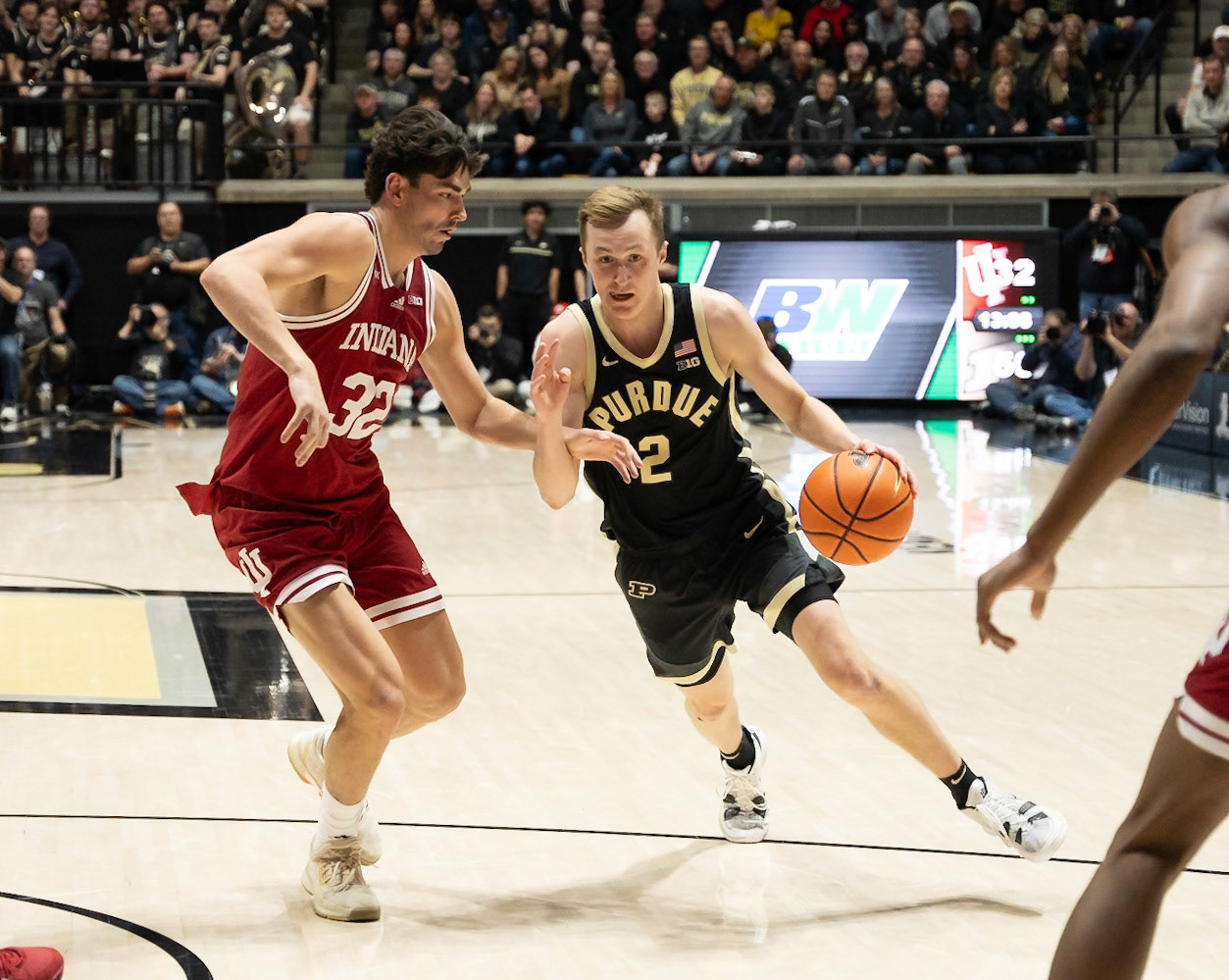 WEST LAFAYETTE, IN - FEBRUARY 10, 2024: Purdue Sophomore Guard Fletcher Loyer (2), Indiana Senior Guard Trey Galloway (32) in Purdue Boilermaker vs Indiana Hoosiers Basketball at Mackey Arena(Photo by Steve Bowen / Bowen Arrow Photography / Northern Indiana Sports Report)