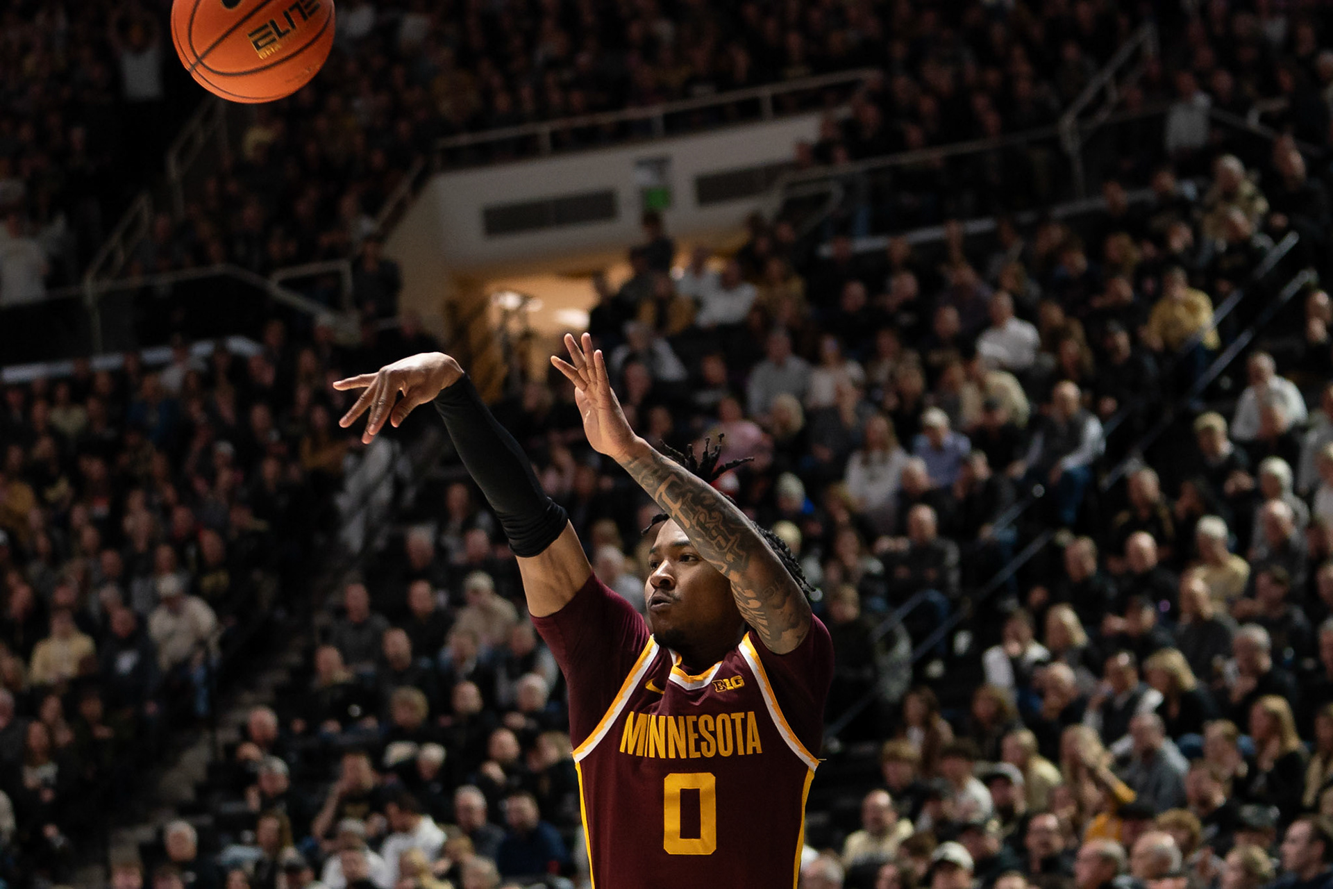 WEST LAFAYETTE, IN - FEBRUARY 15, 2024: Minnesota Junior Guard Elijah Hawkins (0) in Purdue Boilermakers Men's Basketball vs the Minnesota Golden Gophers at Mackey Arena(Photo by Steve Bowen / Bowen Arrow Photography / Northern Indiana Sports Report)