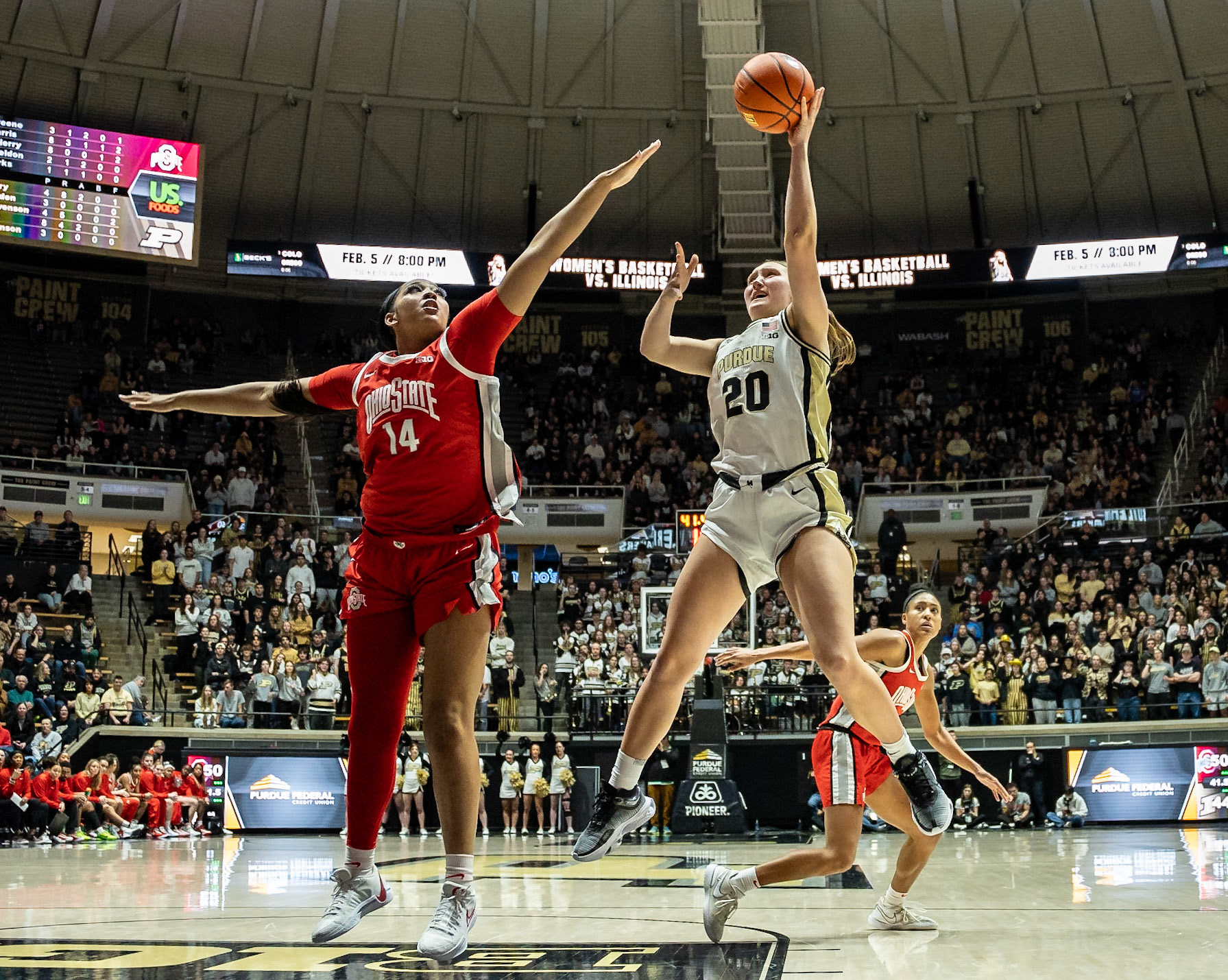 WEST LAFAYETTE, IN - JANUARY 28, 2024: Purdue Freshman Forward Mary Ashley Stevenson (20), Ohio State Forward Graduate Taiyier Parks (14) competing in Purdue Boilermaker Women's Basketball versus the Ohio State Buckeyes at Mackey Arena(Photo by Steve Bowen / Bowen Arrow Photography / Northern Indiana Sports Report)