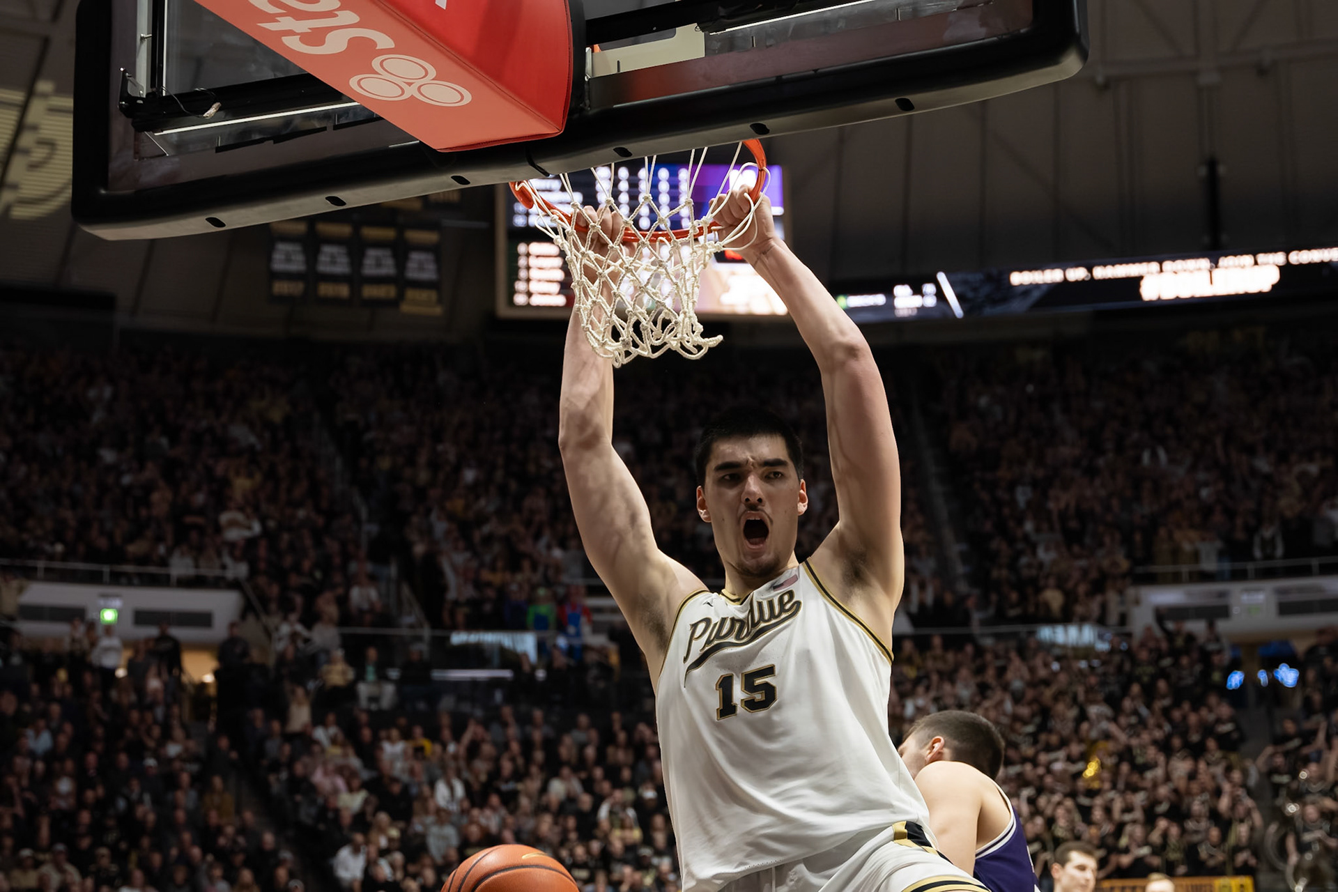 WEST LAFAYETTE, IN - JANUARY 31, 2024: Purdue Senior Center Zach Edey (15) competing in Purdue Boilermakers Mens Basketball versus the Northwestern Wildcats at Mackey Arena(Photo by Steve Bowen / Bowen Arrow Photography / Northern Indiana Sports Report)