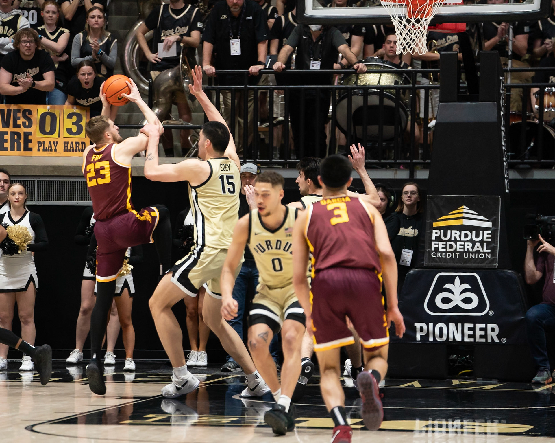 WEST LAFAYETTE, IN - FEBRUARY 15, 2024: Minnesota Redshirt Senior Forward Parker Fox (23), Purdue Senior Center Zach Edey (15) in Purdue Boilermakers Men's Basketball vs the Minnesota Golden Gophers at Mackey Arena(Photo by Steve Bowen / Bowen Arrow Photography / Northern Indiana Sports Report)