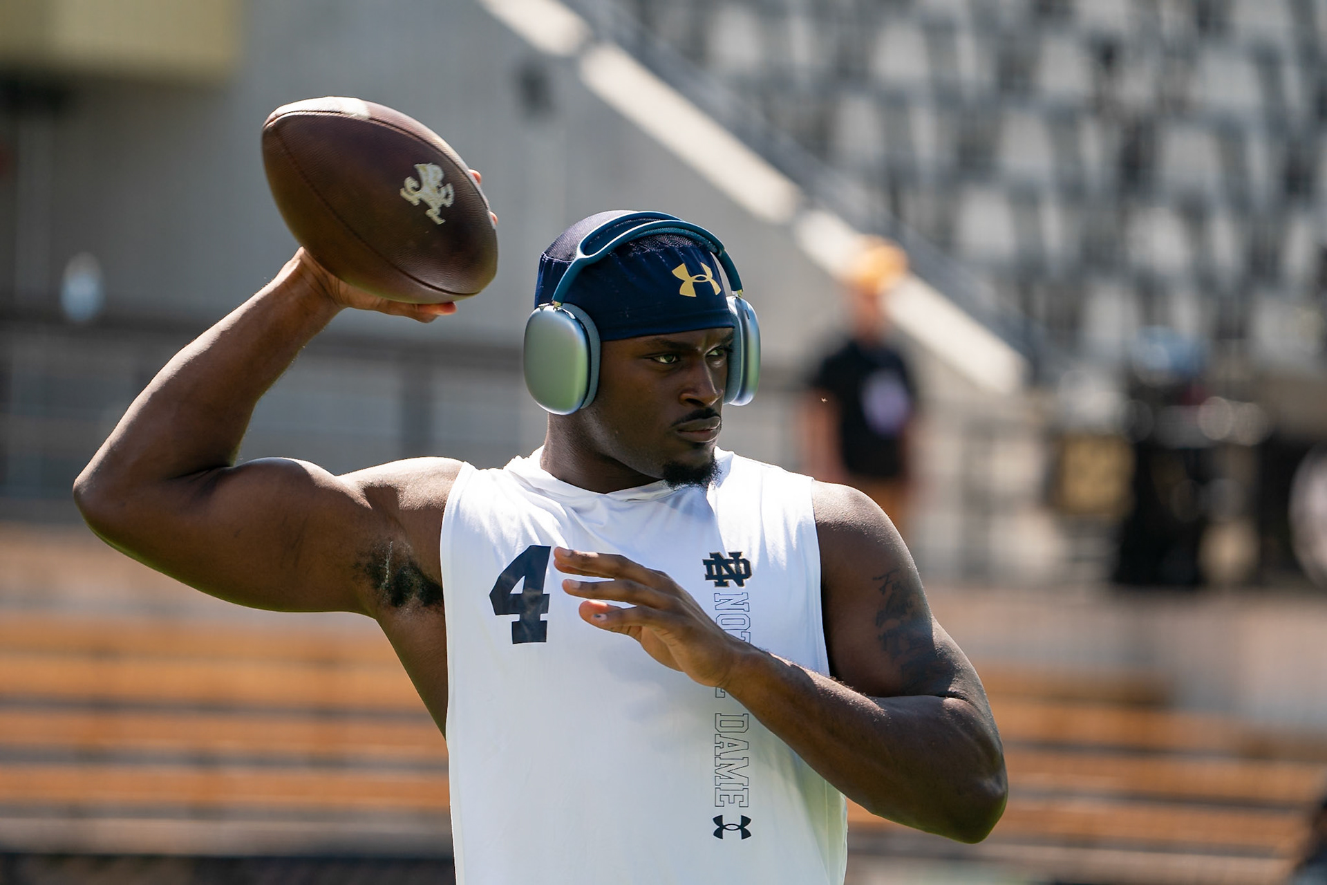 WEST LAFAYETTE, IN - SEPTEMBER 14, 2024: Notre Dame Sophomore RB Jeremiyah Love (4) during the Purdue University Boilermakers vs Notre Dame Fighting Irish Football game at Ross-Ade Stadium(Photo by Steve Bowen / Bowen Arrow Photography / Northern Indiana Sports Report)