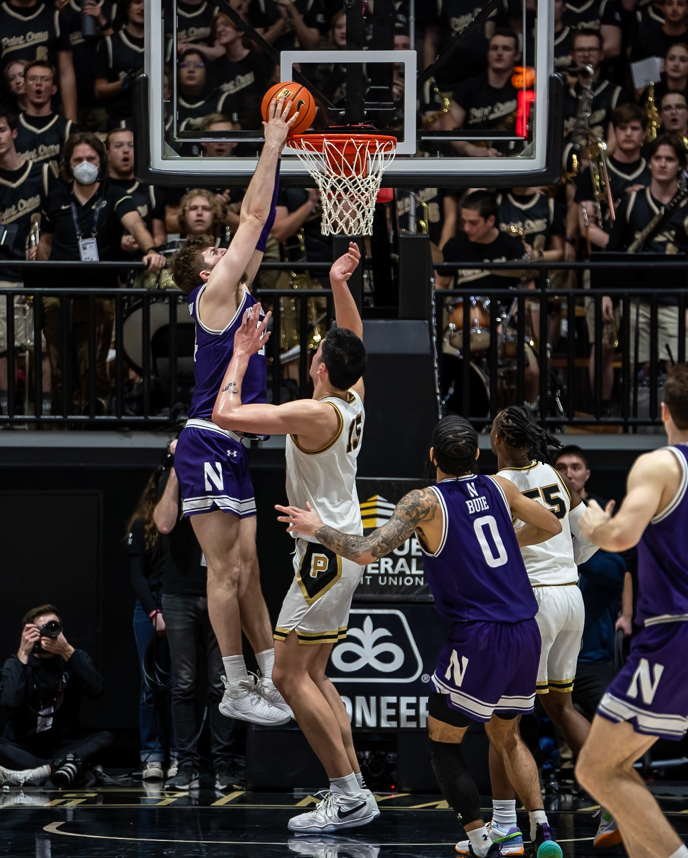WEST LAFAYETTE, IN - JANUARY 31, 2024: Northwestern Senior Center Matthew Nicholson (34), Purdue Senior Center Zach Edey (15) competing in Purdue Boilermakers Mens Basketball versus the Northwestern Wildcats at Mackey Arena(Photo by Steve Bowen / Bowen Arrow Photography / Northern Indiana Sports Report)