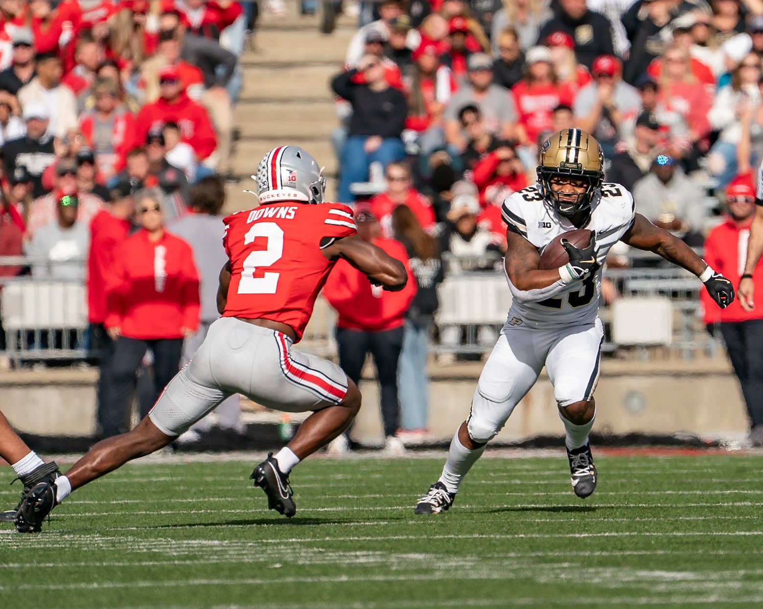 COLUMBUS UNIVERSITY, OH - NOVEMBER 9, 2024: Purdue University Senior Running Back Reggie Love III (23) eyes Ohio State University Graduate Linebacker Kourt Williams II (2) who looks to tackle him in Purdue University Boilermakers at University of Ohio Buckeyes Football game at Ohio Stadium(Photo by Steve Bowen / Bowen Arrow Photography / Northern Indiana Sports Report)
