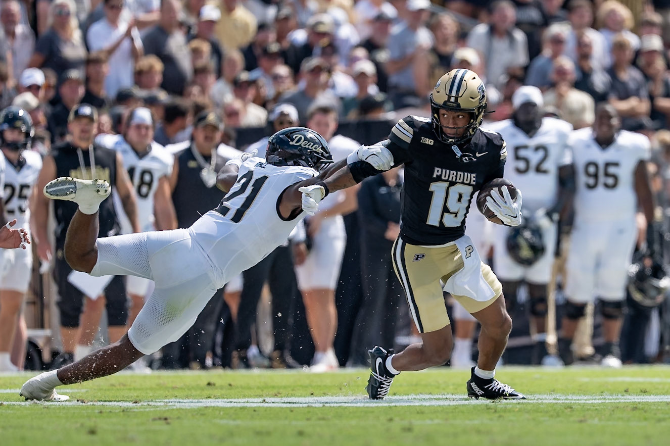 WEST LAFAYETTE, IN - SEPTEMBER 12, 2026: Purdue University Sophomore Wide Receiver Asaad Waseem (19) getting past Wake Forest University Linebacker Aiden Hall (21) after making a catch during the Purdue Boilermakers football game vs the Wake Forest Demon Deacons at Ross-Ade Stadium(Photo by Steve Bowen / Northern Indiana Sports Report)