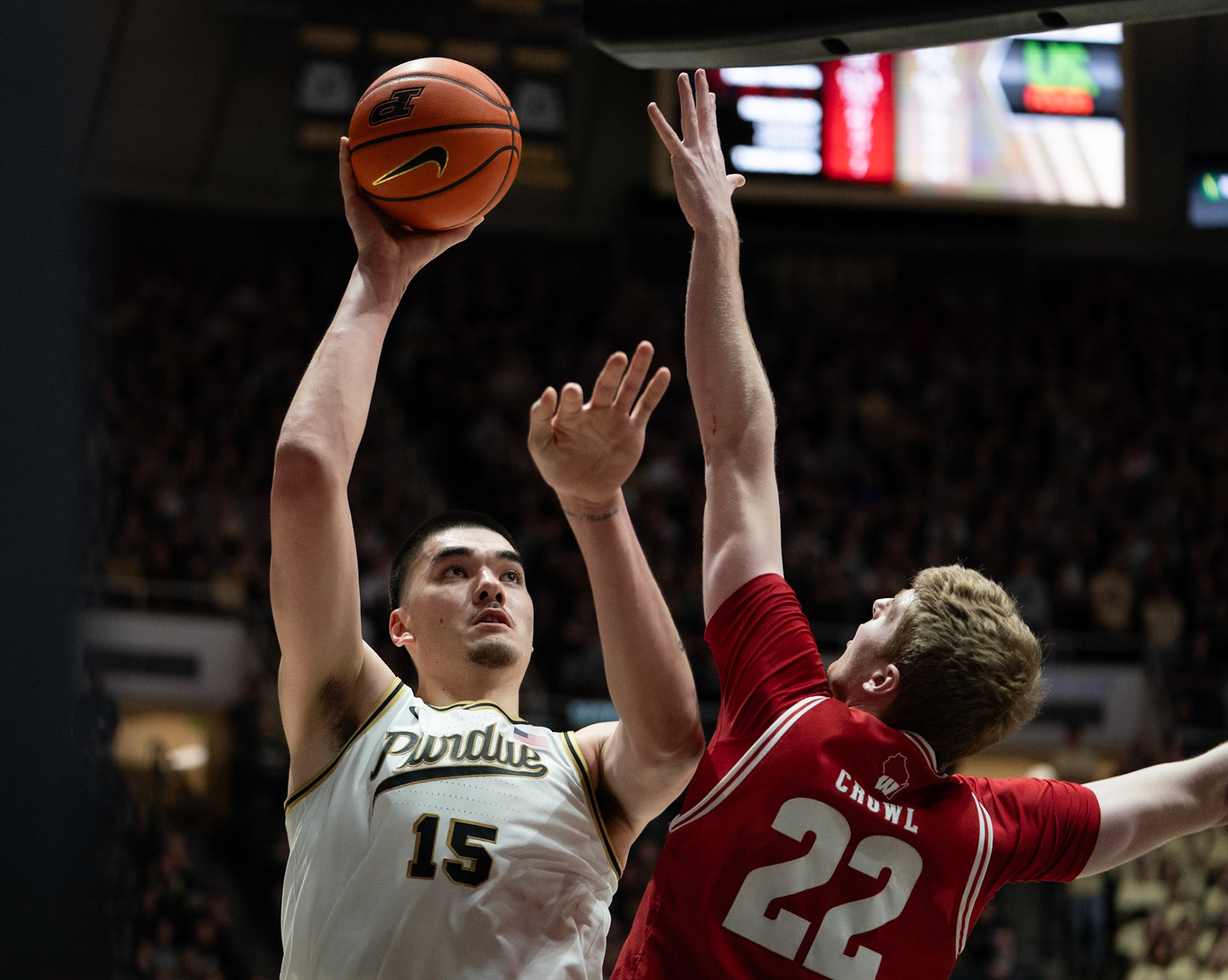 WEST LAFAYETTE, IN - MARCH 10, 2024: Purdue Senior Center Zach Edey (15), Wisconsin Junior Forward Steven Crowl (22) in Purdue University Boilermaker Basketball vs University of Wisconsin Badgers at Mackey Arena(Photo by Steve Bowen / Bowen Arrow Photography / Northern Indiana Sports Report)