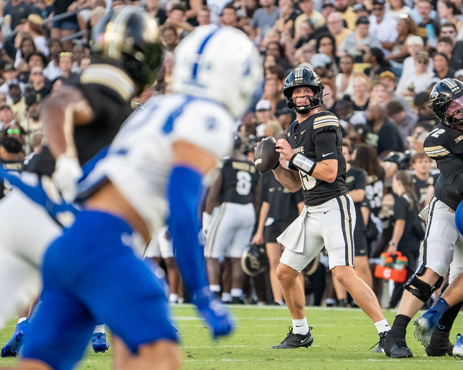 WEST LAFAYETTE, IN - SEPTEMBER 4, 2026: Purdue University Quarterback Ryan Browne (15) tracks his receiver down the field during the Purdue Boilermaker Football game vs the Indiana State Sycamores at Ross-Ade Stadium(Photo by Steve Bowen / Northern Indiana Sports Report)