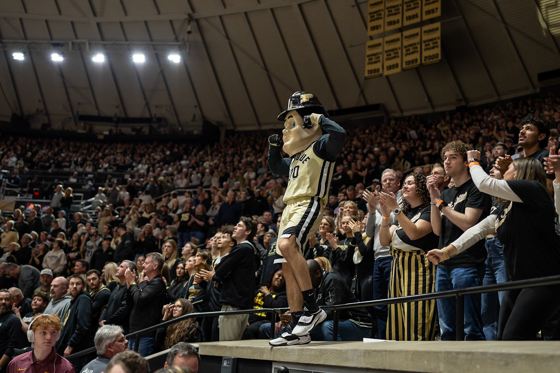 WEST LAFAYETTE, IN - FEBRUARY 15, 2024: Purdue Mascot Purdue Pete in Purdue Boilermakers Men's Basketball vs the Minnesota Golden Gophers at Mackey Arena(Photo by Steve Bowen / Bowen Arrow Photography / Northern Indiana Sports Report)