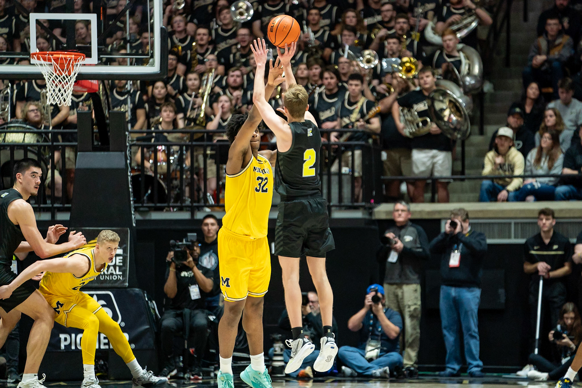 WEST LAFAYETTE, IN - JANUARY 23, 2024: Purdue Sophomore Guard Fletcher Loyer (2), Michigan Sophomore Forward Tarris Reed Jr. (32) competing in Purdue versus Michigan Mens Basketball at Mackey Arena(Photo by Steve Bowen / Bowen Arrow Photography / Northern Indiana Sports Report)