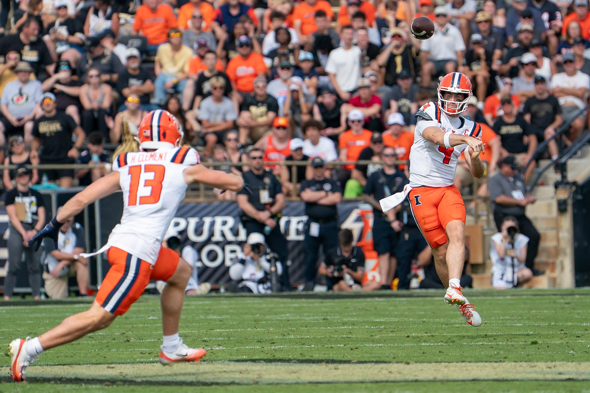 WEST LAFAYETTE, IN - OCTOBER 4, 2025: University of Illinois Senior QB Luke Altmyer (9) throwing a pass to University of Illinois Junior WR Hudson Clement (13) in Purdue Boilermaker Football vs University of Illinois Fighting Illini at Ross-Ade Stadium(Photo by Steve Bowen / Northern Indiana Sports Report)