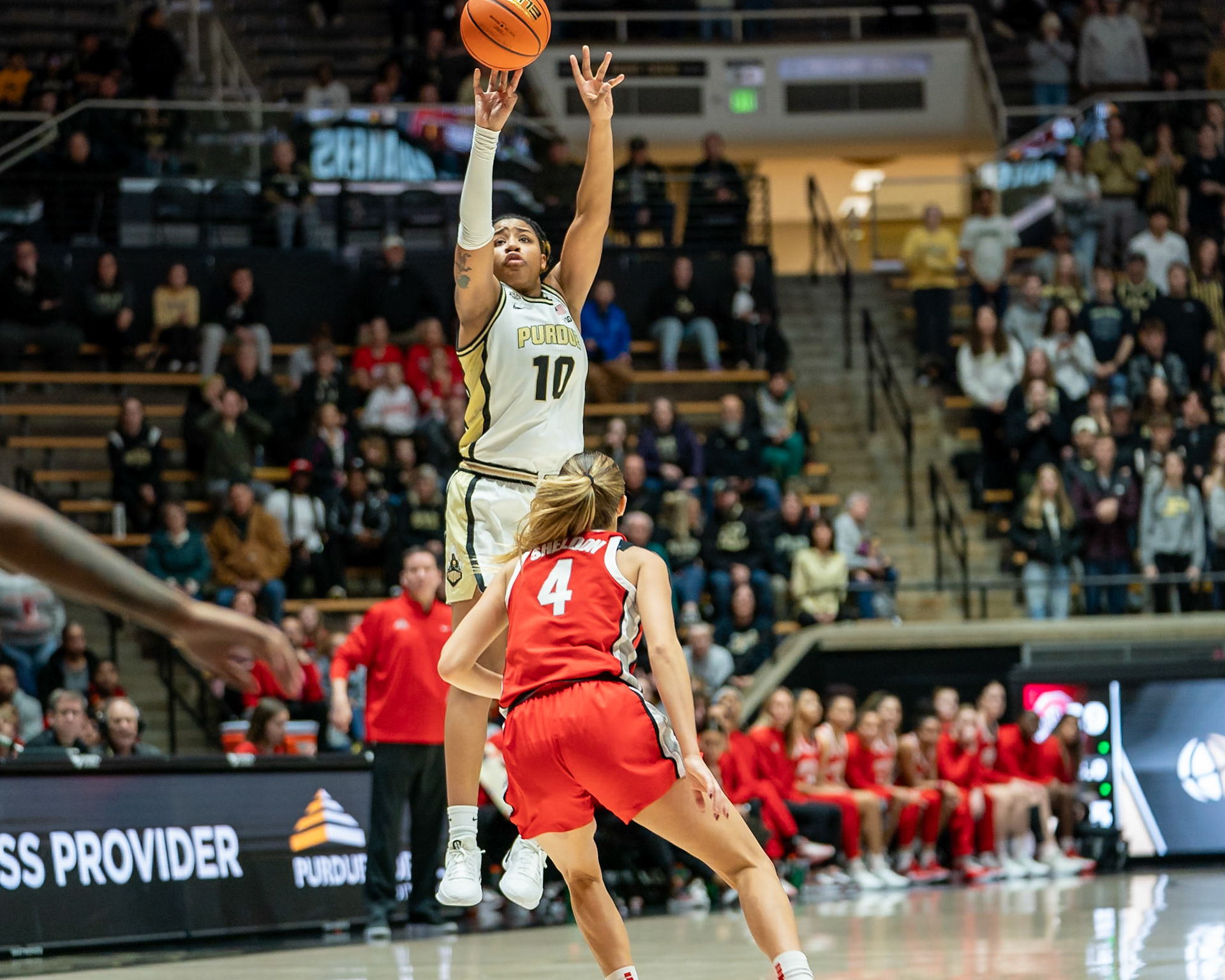 WEST LAFAYETTE, IN - JANUARY 28, 2024: Purdue 5th Year Guard Jeanae Terry (10), Ohio State Guard Graduate Jacy Sheldon (4) competing in Purdue Boilermaker Women's Basketball versus the Ohio State Buckeyes at Mackey Arena(Photo by Steve Bowen / Bowen Arrow Photography / Northern Indiana Sports Report)