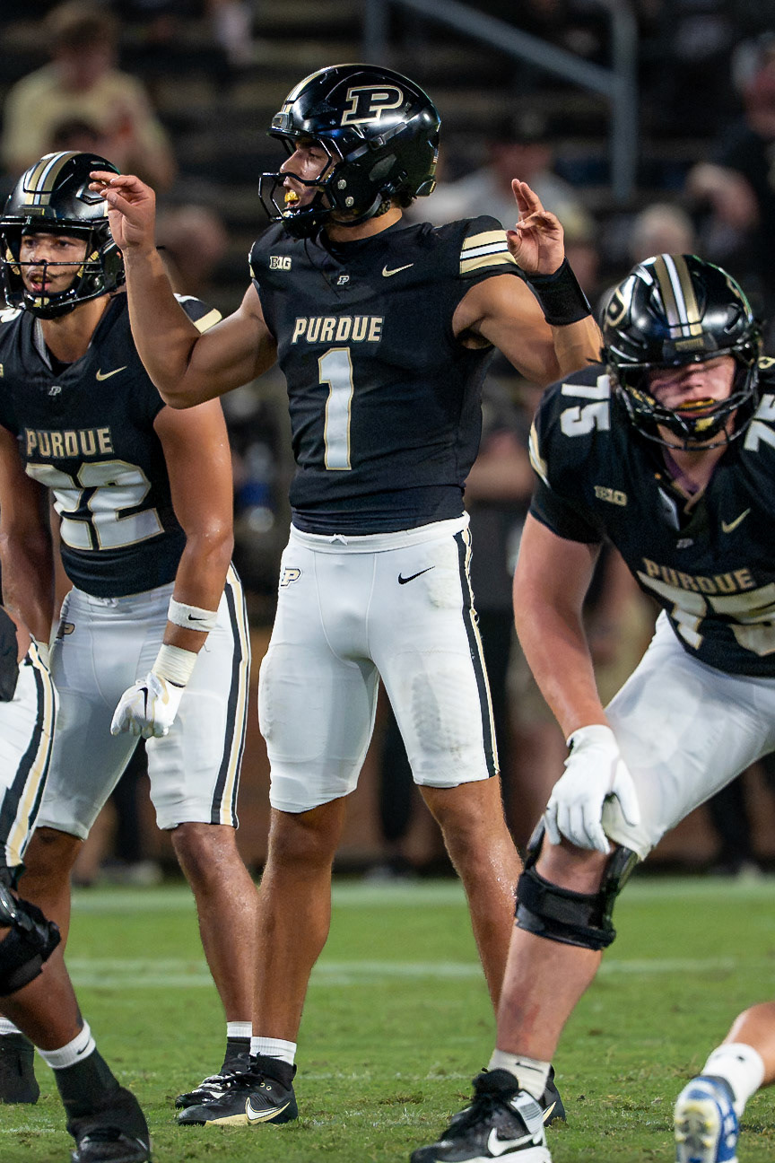 WEST LAFAYETTE, IN - SEPTEMBER 4, 2026: Purdue University Sophomore Quarterback Evans Chuba (1) calls a play in the 4th quarter of the Purdue Boilermaker Football game vs the Indiana State Sycamores at Ross-Ade Stadium(Photo by Steve Bowen / Northern Indiana Sports Report)