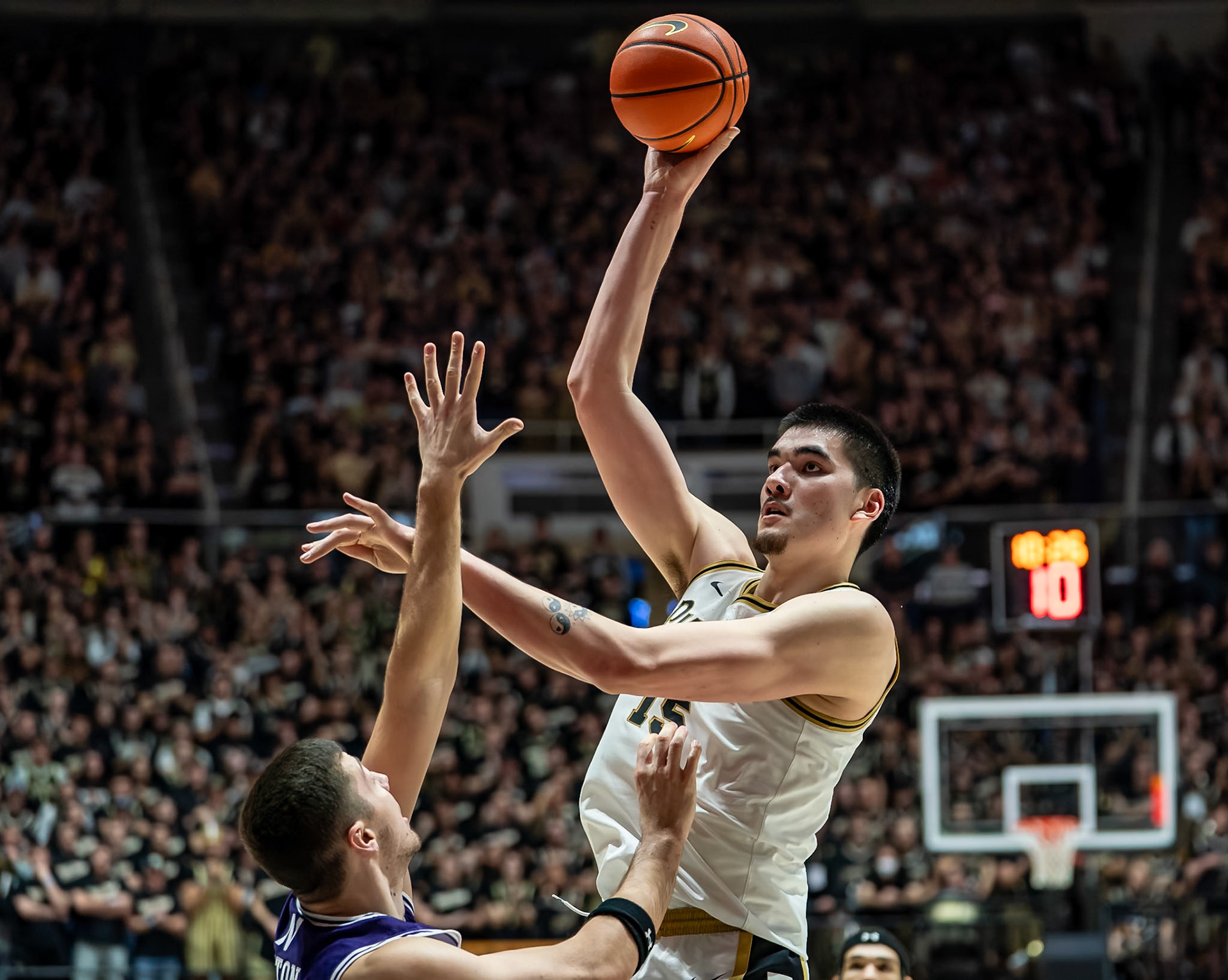 WEST LAFAYETTE, IN - JANUARY 31, 2024: Purdue Senior Center Zach Edey (15) competing in Purdue Boilermakers Mens Basketball versus the Northwestern Wildcats at Mackey Arena(Photo by Steve Bowen / Bowen Arrow Photography / Northern Indiana Sports Report)