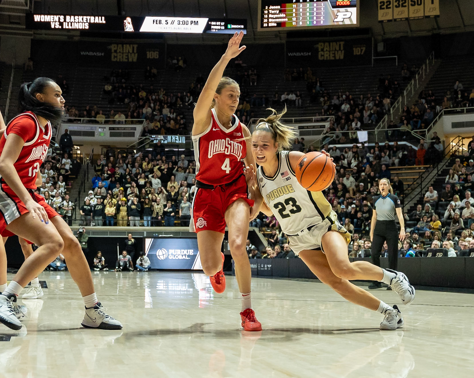 WEST LAFAYETTE, IN - JANUARY 28, 2024: Purdue 5th Year Guard Abbey Ellis (23).Ohio State Guard Graduate Jacy Sheldon (4) competing in Purdue Boilermaker Women's Basketball versus the Ohio State Buckeyes at Mackey Arena(Photo by Steve Bowen / Bowen Arrow Photography / Northern Indiana Sports Report)