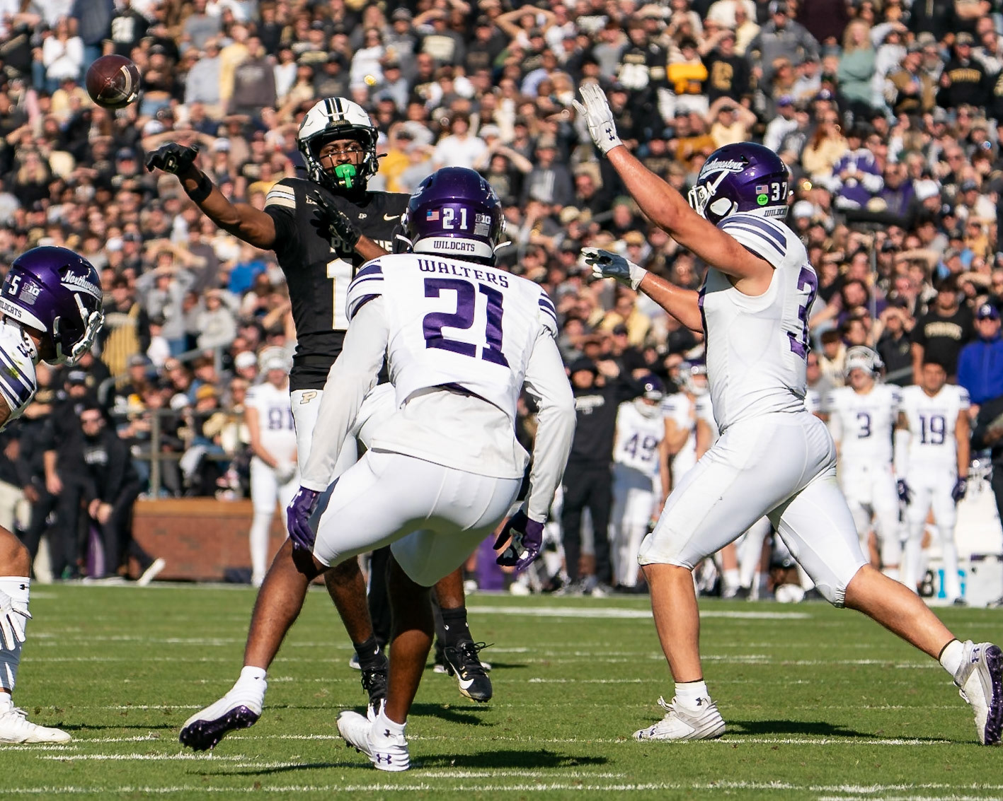 WEST LAFAYETTE, IN - NOVEMBER 2, 2024: Purdue University Freshman Wide Receiver Shamar Rigby (16), Northwestern University Linebacker Mac Uihlein (37), Northwestern University Defensive Back Damon Walters (21), Northwestern University Linebacker Kenny Soares Jr. (5) during the Purdue University Boilermakers vs Northwestern University Wildcats Football game at Ross-Ade Stadium(Photo by Steve Bowen / Bowen Arrow Photography / Northern Indiana Sports Report)