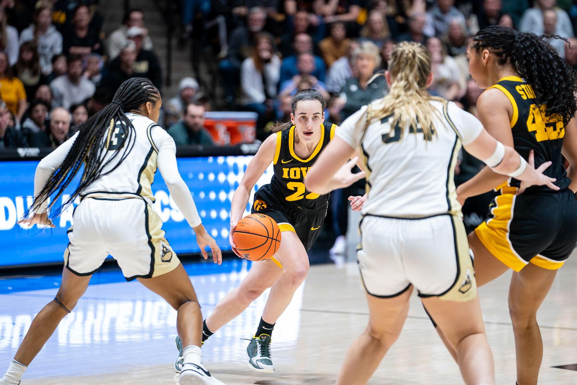 WEST LAFAYETTE, IN - JANUARY 10, 2024: Iowa Guard Senior Caitlin Clark (22) competing in Purdue Boilermaker Women's Basketball vs the Iowa Hawkeyes at Mackey Arena(Photo by Steve Bowen / Bowen Arrow Photography / Northern Indiana Sports Report)