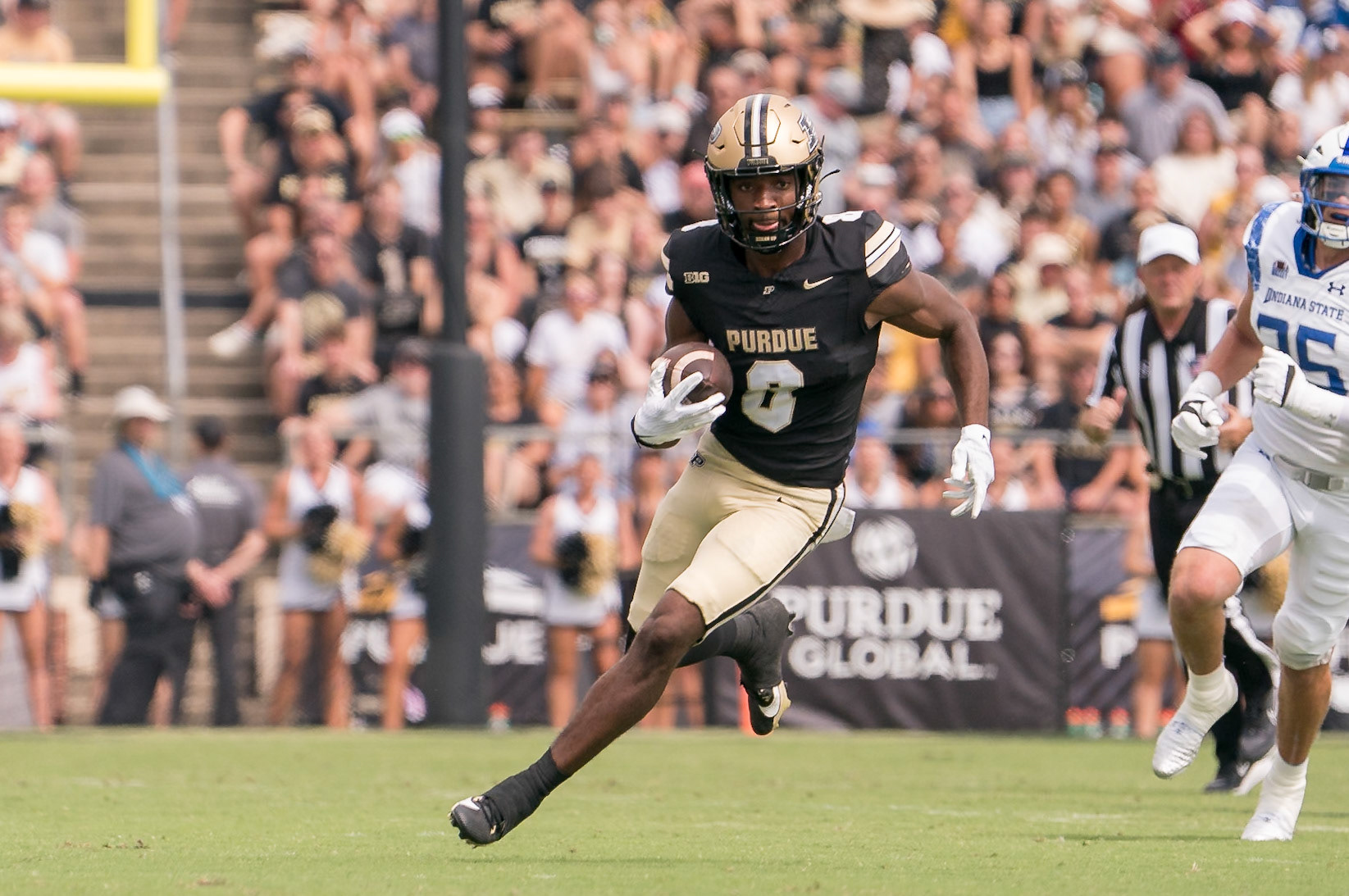 WEST LAFAYETTE, IN - AUGUST 31, 2024: Purdue So. WR De'Nylon Morrissette (8) runs up field after a catch in Purdue Boilermaker vs Indiana State Sycamores Football game at Ross-Ade Stadium(Photo by Steve Bowen / Bowen Arrow Photography / Northern Indiana Sports Report)