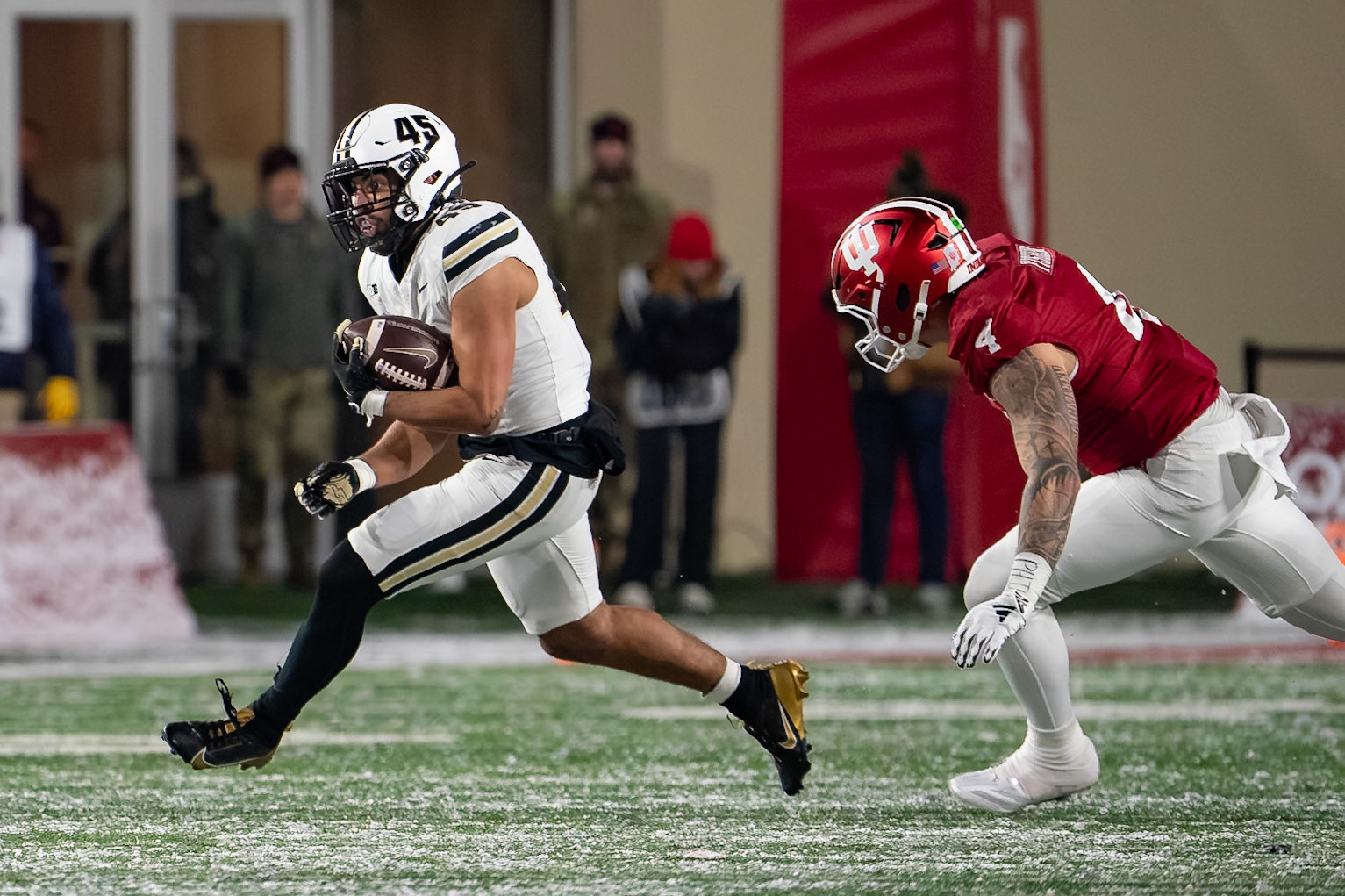 BLOOMINGTON, IN - NOVEMBER 30, 2024: Purdue University Junior Running Back Devin Mockobee (45) during the Purdue University Boilermakers at Indiana University Hoosiers Football game at Memorial Stadium(Photo by Steve Bowen / Bowen Arrow Photography / Northern Indiana Sports Report)
